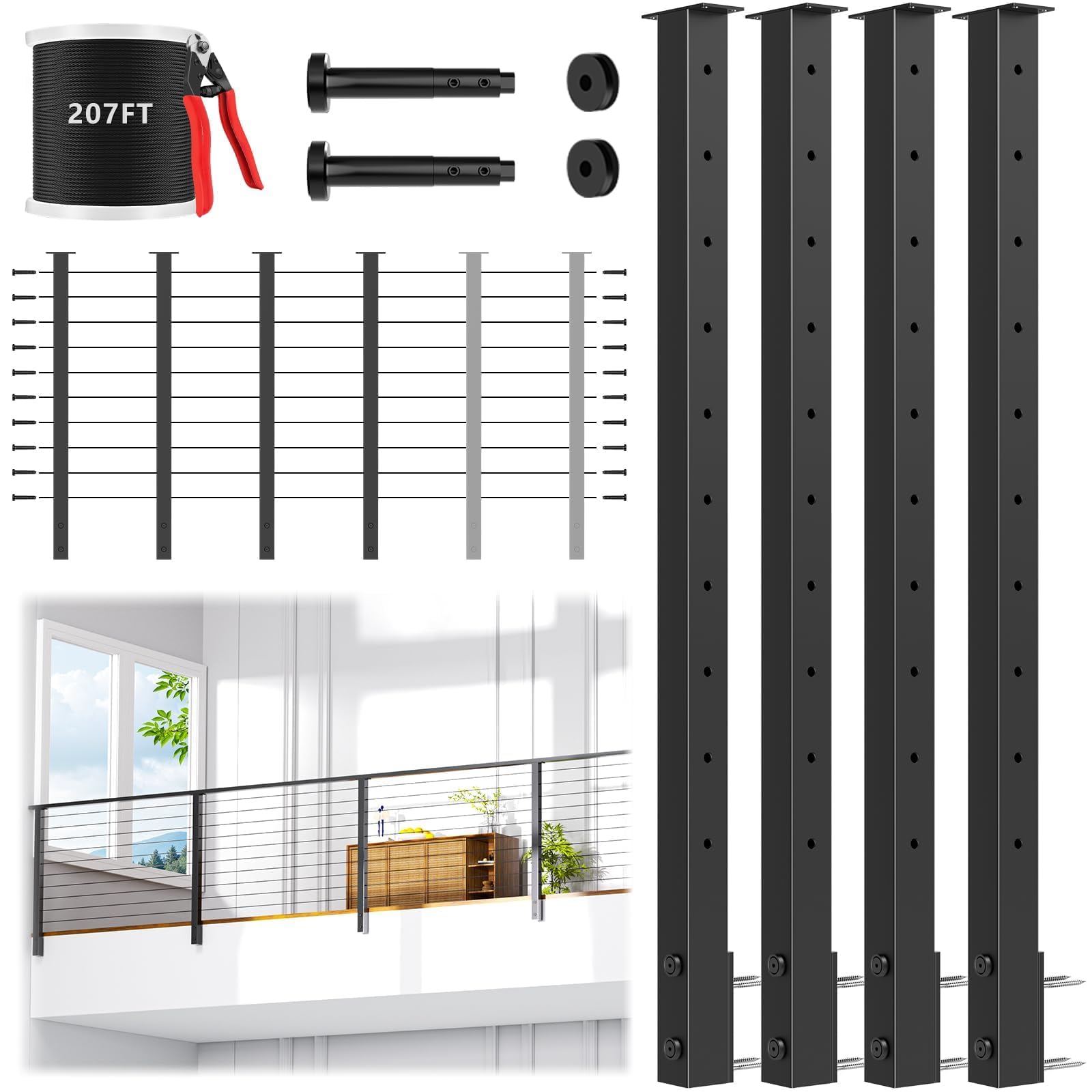 Afoxsos 36-in Swageless Side Mount Cable Railing Post Kit All Black ...