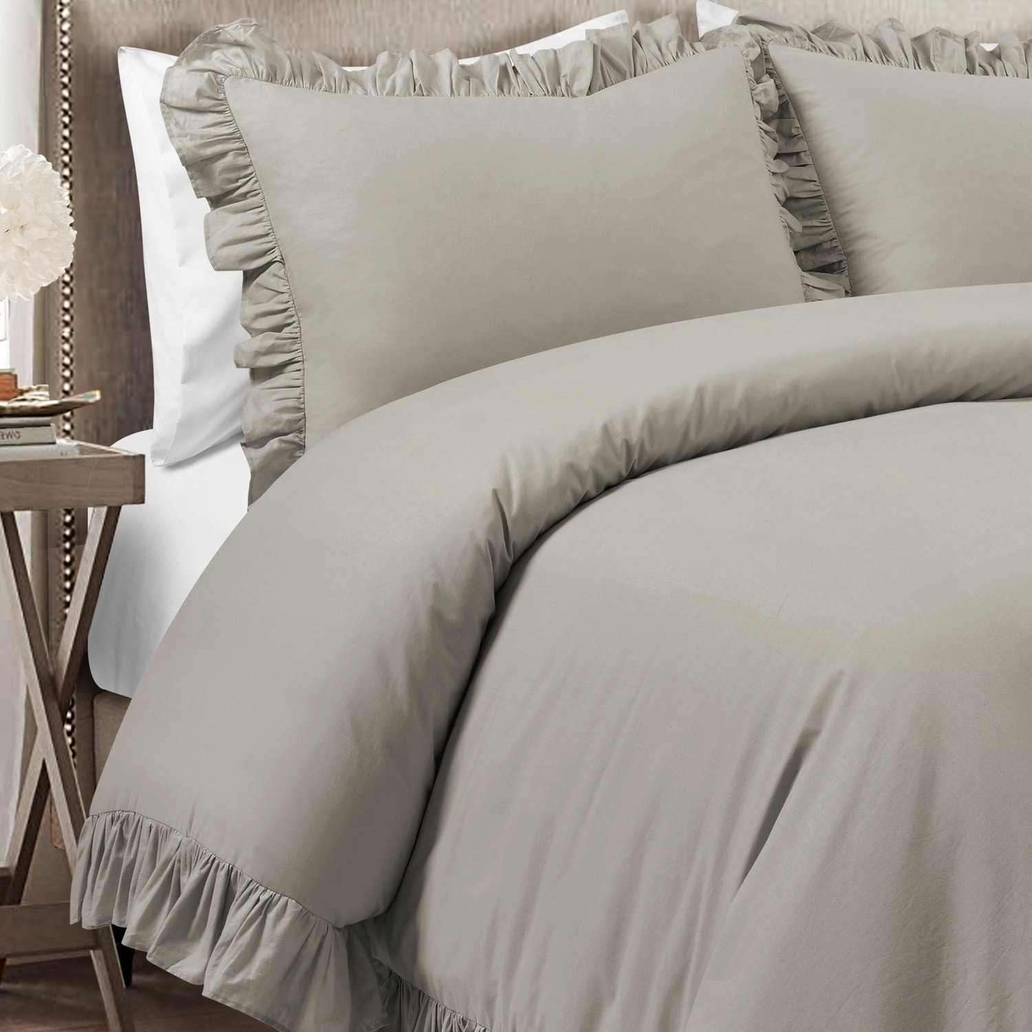 Gray Full/Queen Cotton Ruffled Duvet Cover Set