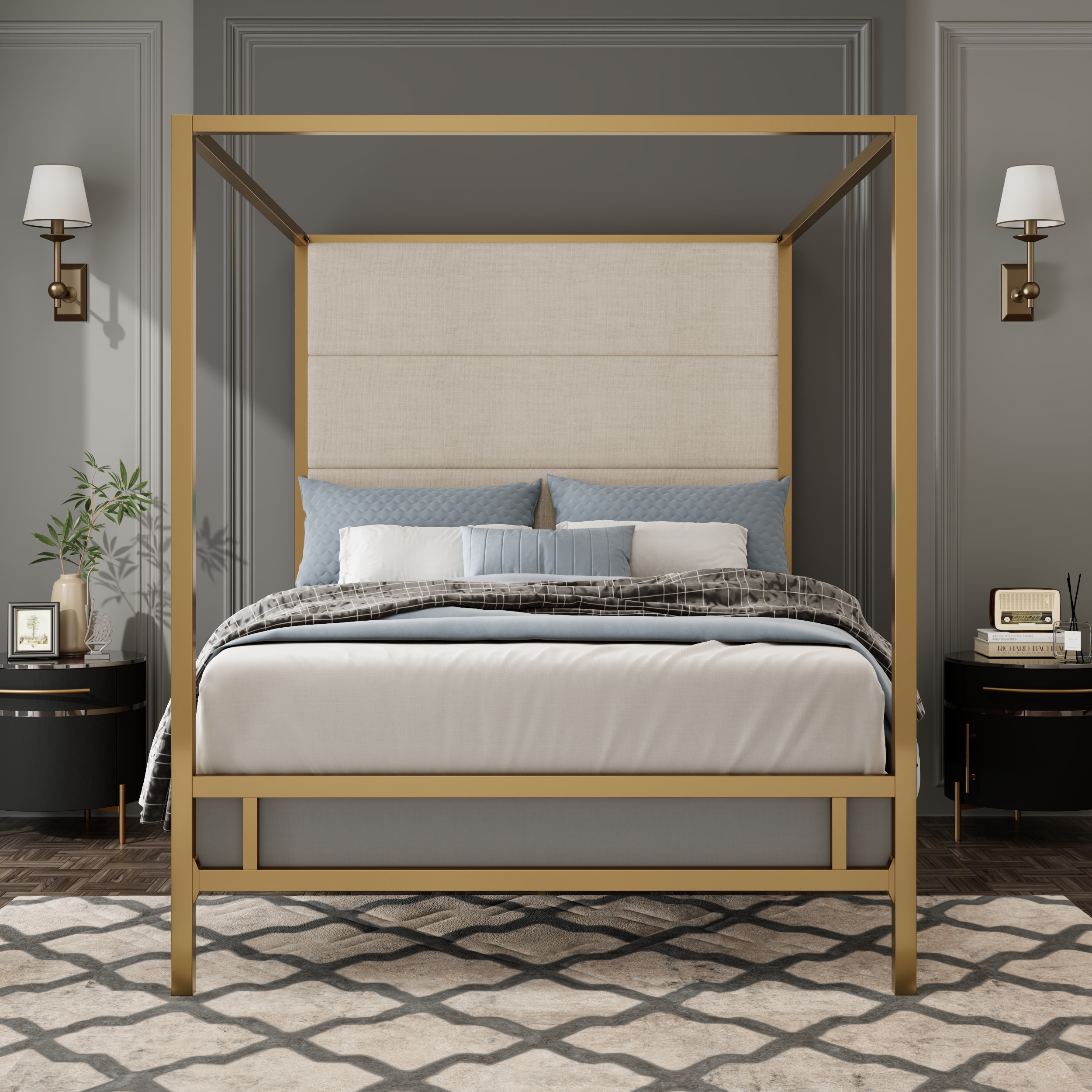 GDFStudio 336462 Aurora Metal Queen Canopy Bed with Tall Linen Upholstered Headboard -Gold Tan