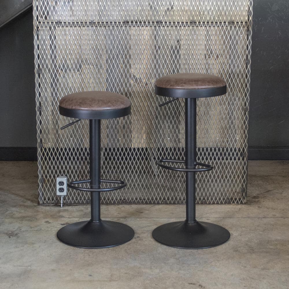 Adjustable Brown Faux Leather and Metal Swivel Bar Stools