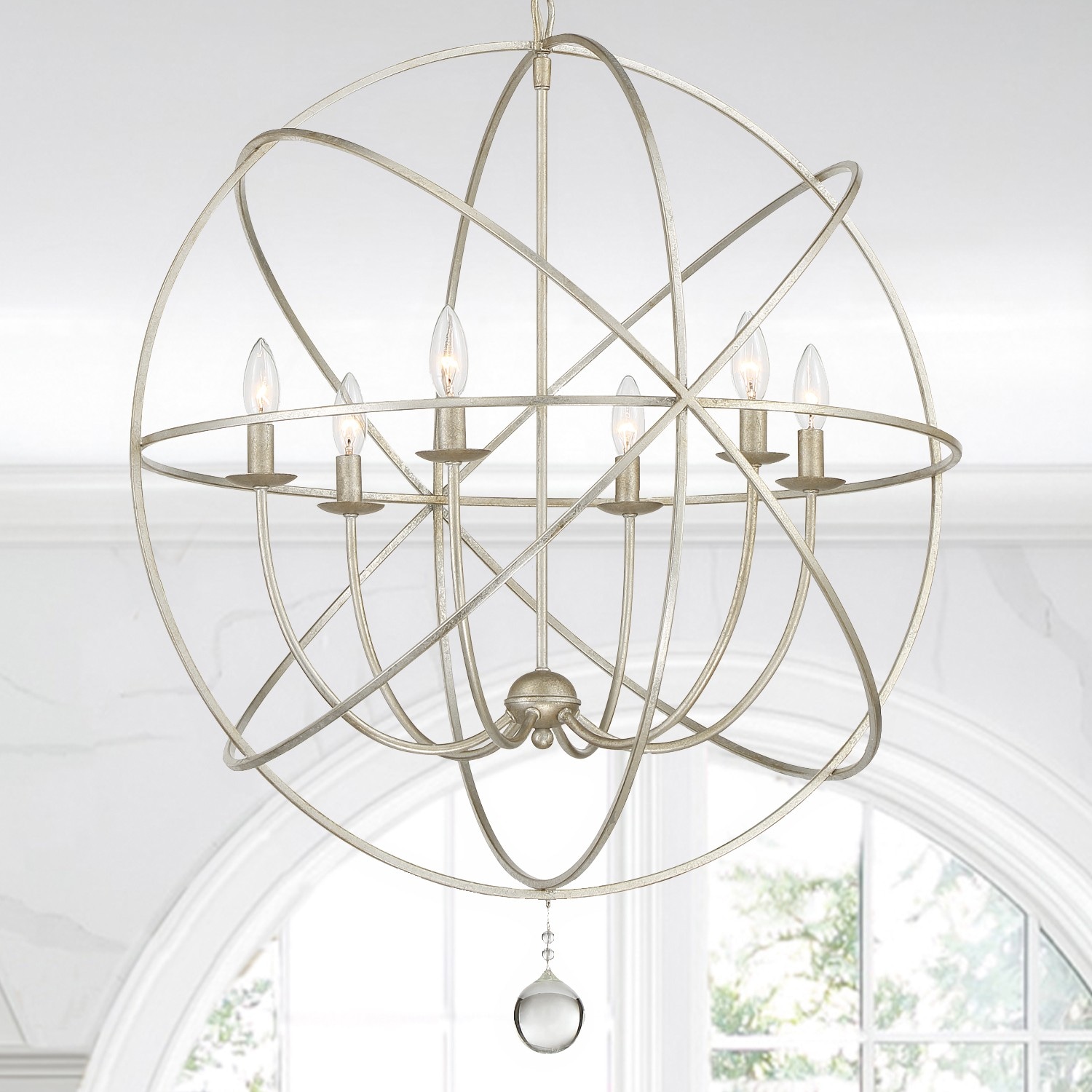 Olde Silver 6-Light Sphere Chandelier with Clear Glass Drops