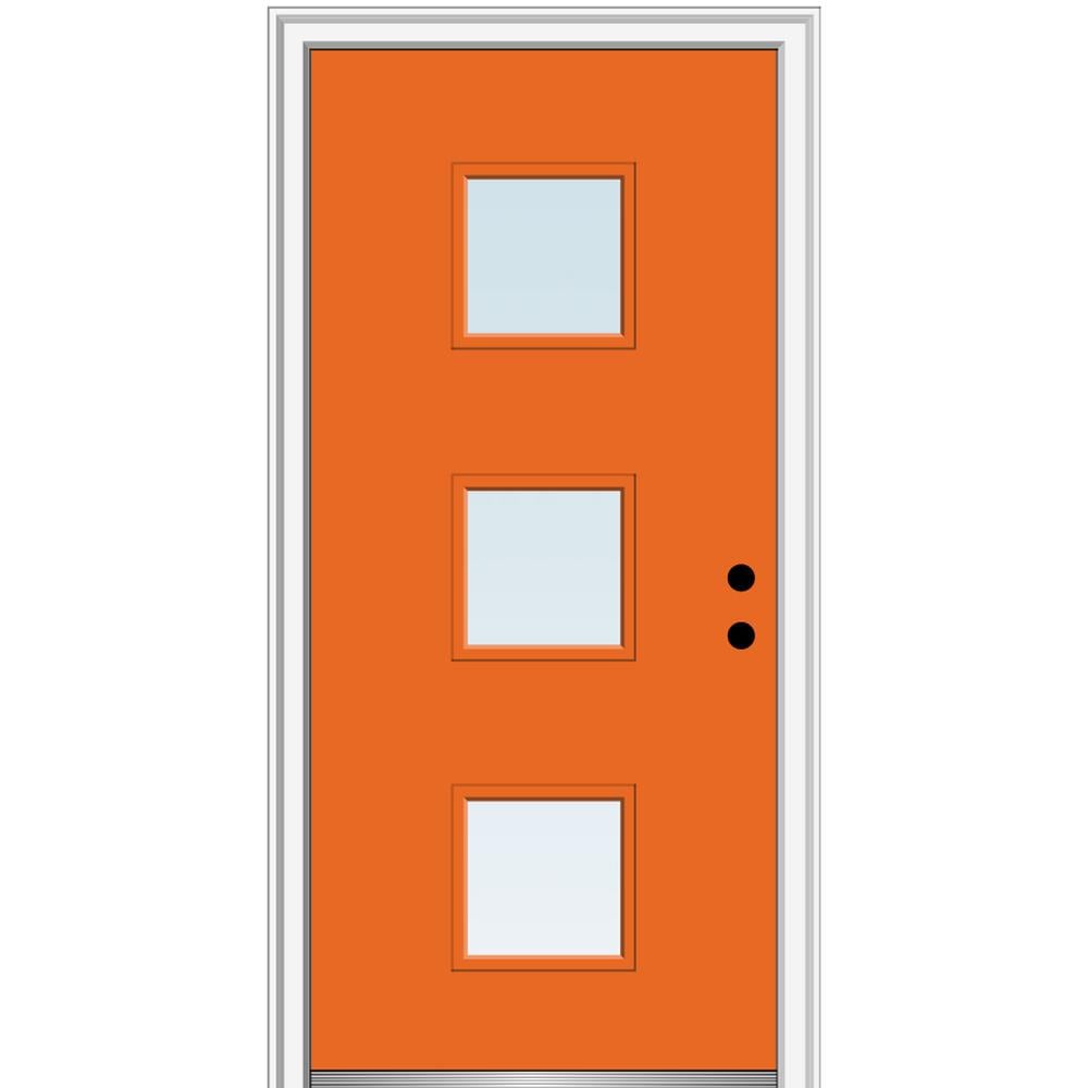 MMI DOOR ZZ348776L Spotlights 30-in x 80-in x 6-9/16-in Fiberglass Pulse lite Left-hand inswing Tangerine Painted Prehung Front Door with Brickmould Insulating core