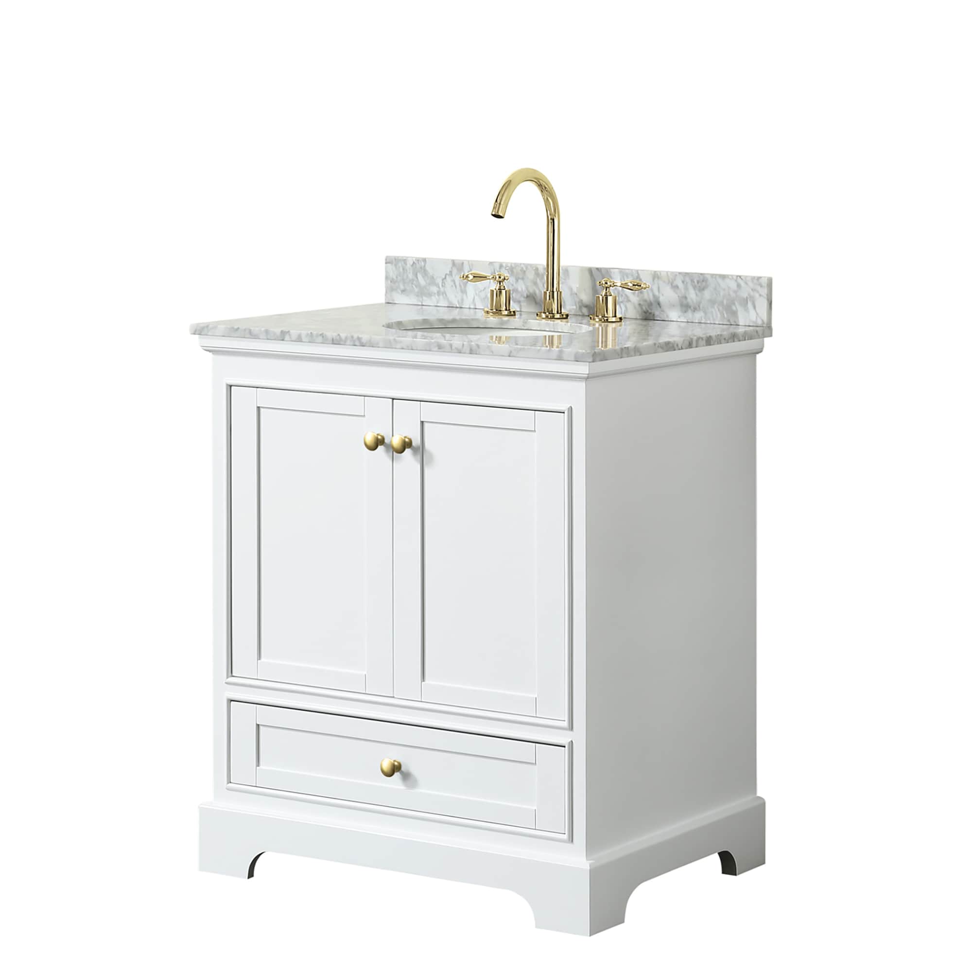 Wyndham Collection WCS202030SWGCMUNOMXX Deborah 30-in White with Brushed Gold Trim Undermount Single sink Bathroom Vanity with White Carrara Marble Marble Top