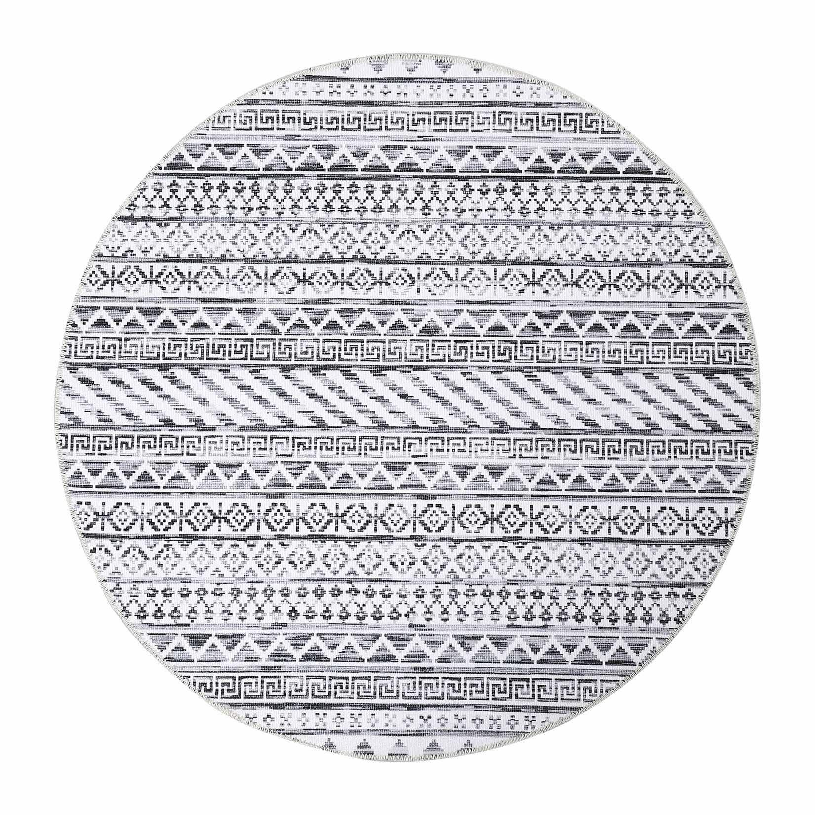 Qeetex LSN-PHO-0VEJM9DH 3 x 3 ft Chenille Light Gray Round Hallway Bathroom Entryway Kitchen Office Foldable Line Printed Modern Washable Area Rug