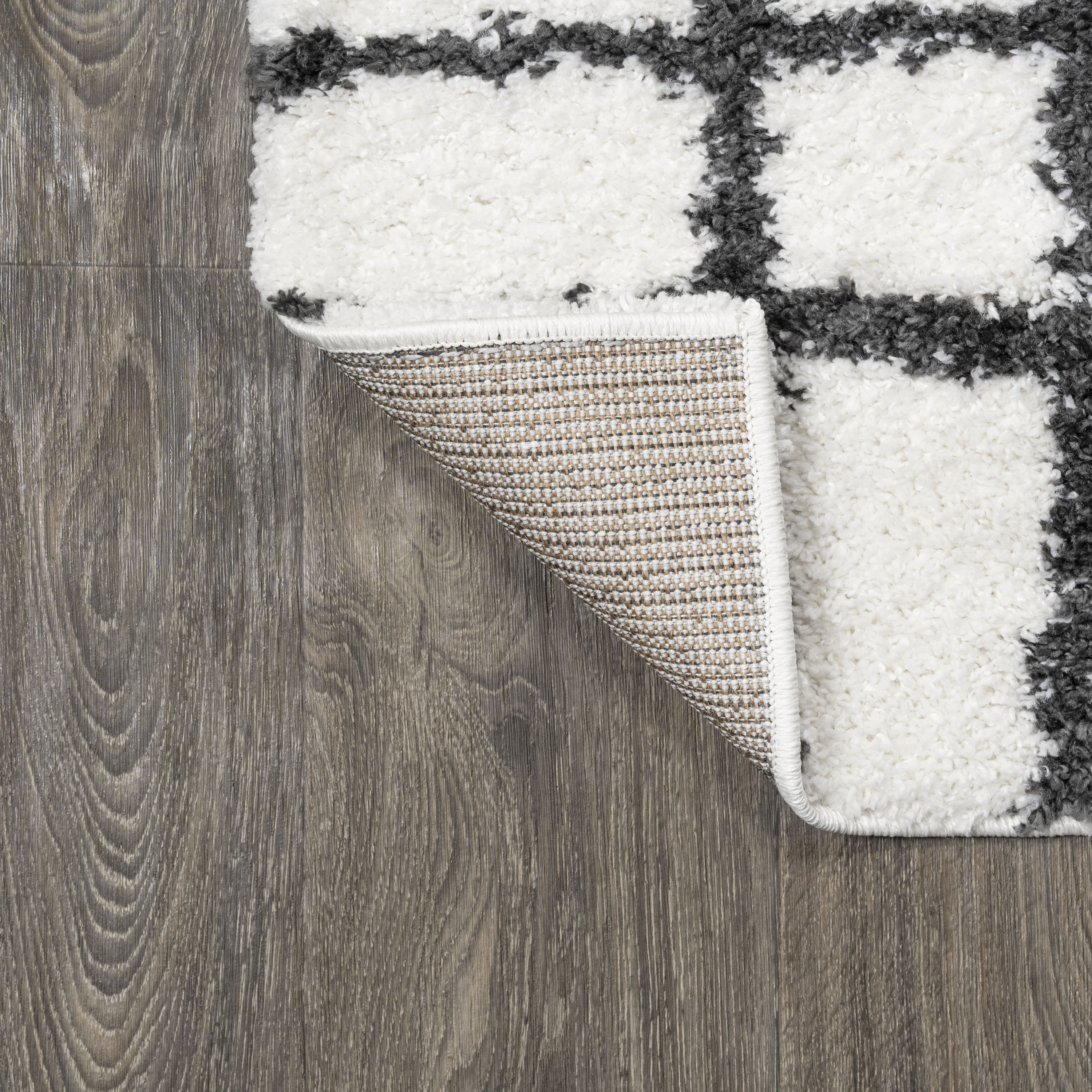 Ivory and Black Moroccan-Inspired Geometric Shag Rug