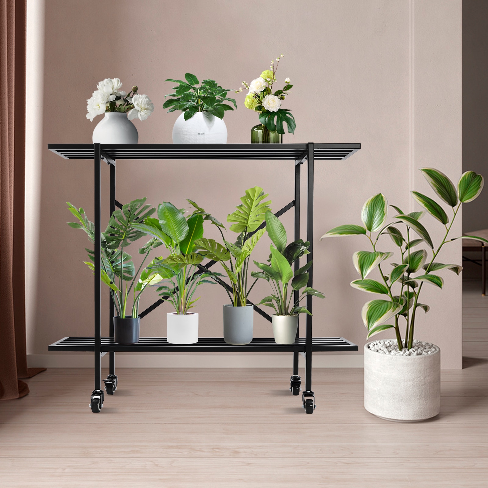 CNCEST YLYODRB2WDZJ8 Black 30-Inches H x 8.6-Inches W 2-Tier Metal Plant Stand with Wheels Indoor/Outdoor Rectangular Cast iron Plant Stand