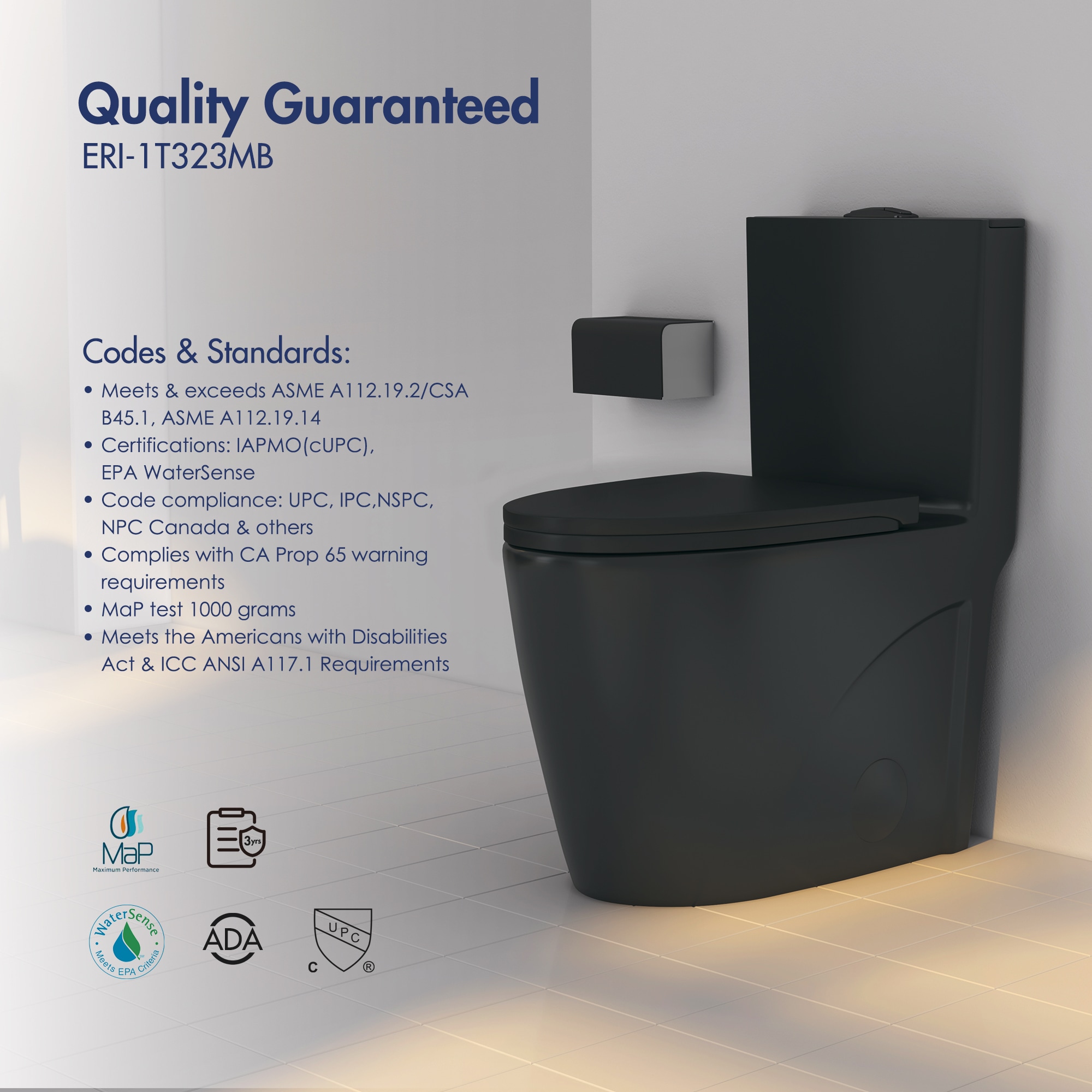 Reno Matte Black Elongated Dual Flush One-Piece Toilet