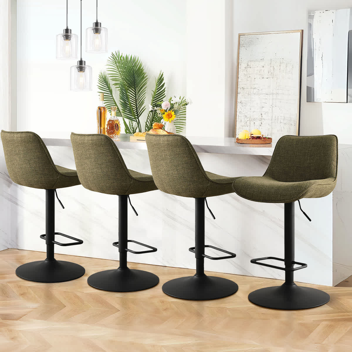 Maison Boucle HUNTER-AB-GREEN-4 Set of 4 Green Adjustable Swivel Counter Height Bar Stools with Curved Back Padded Seat for Kitchen