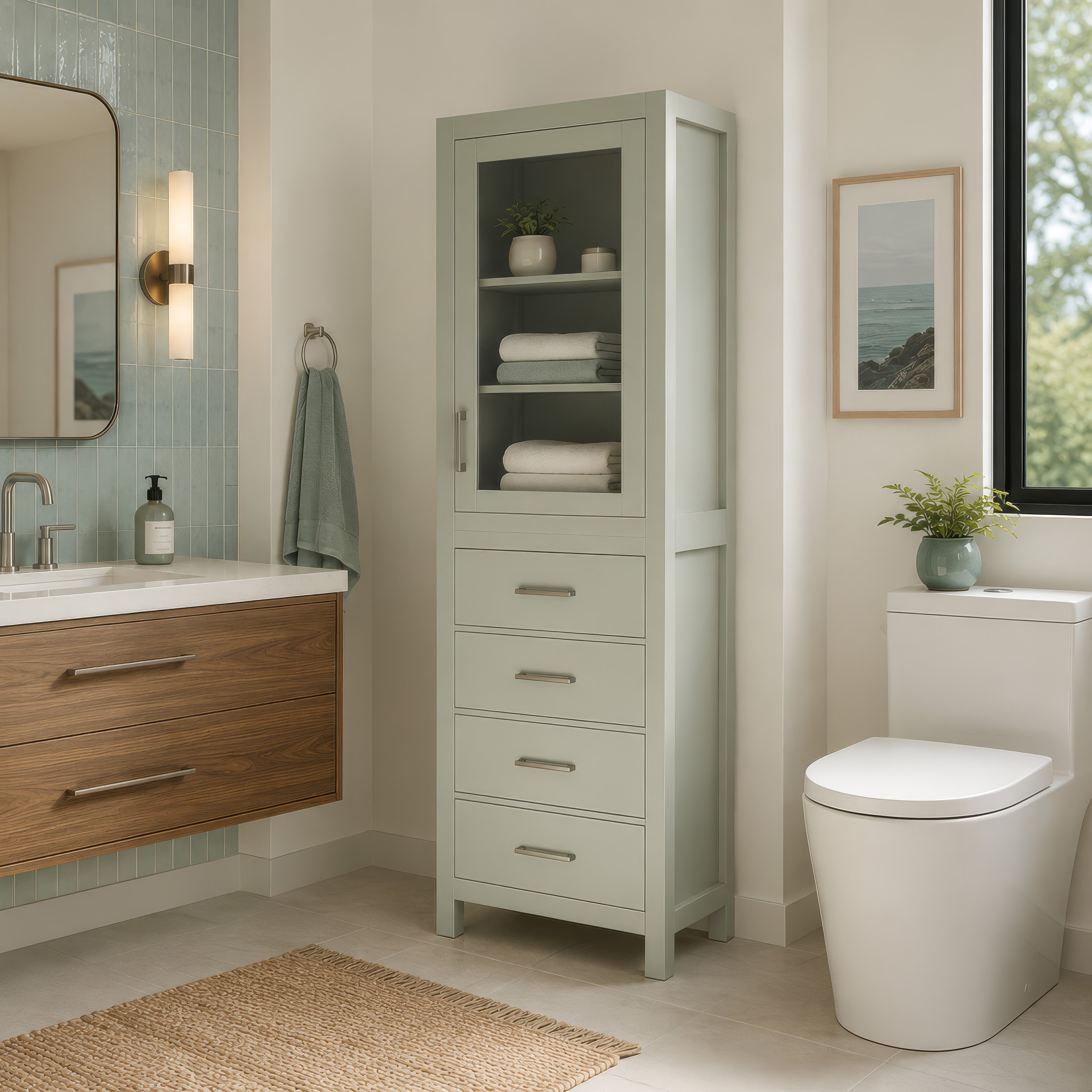 Wyndham Collection Sheffield 24-in x 71.25-in x 20-in Light Green with Brushed Nickel Trim Freestanding Soft Close Linen Cabinet