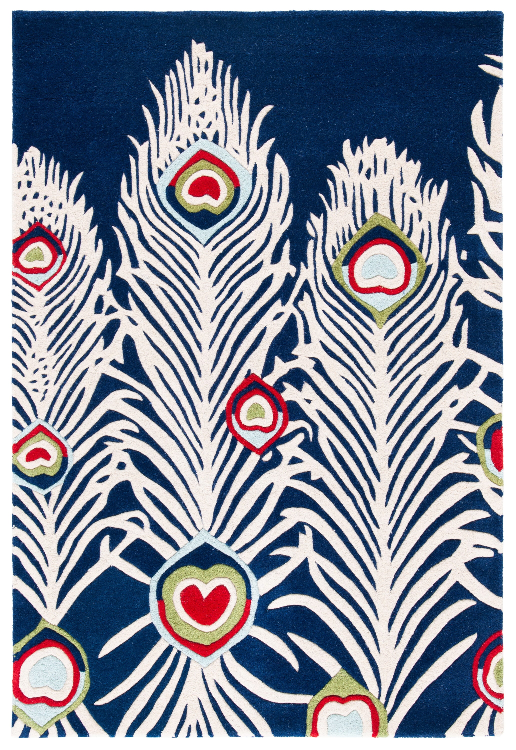 Handmade Blue and Ivory Wool Peacock Feather Area Rug