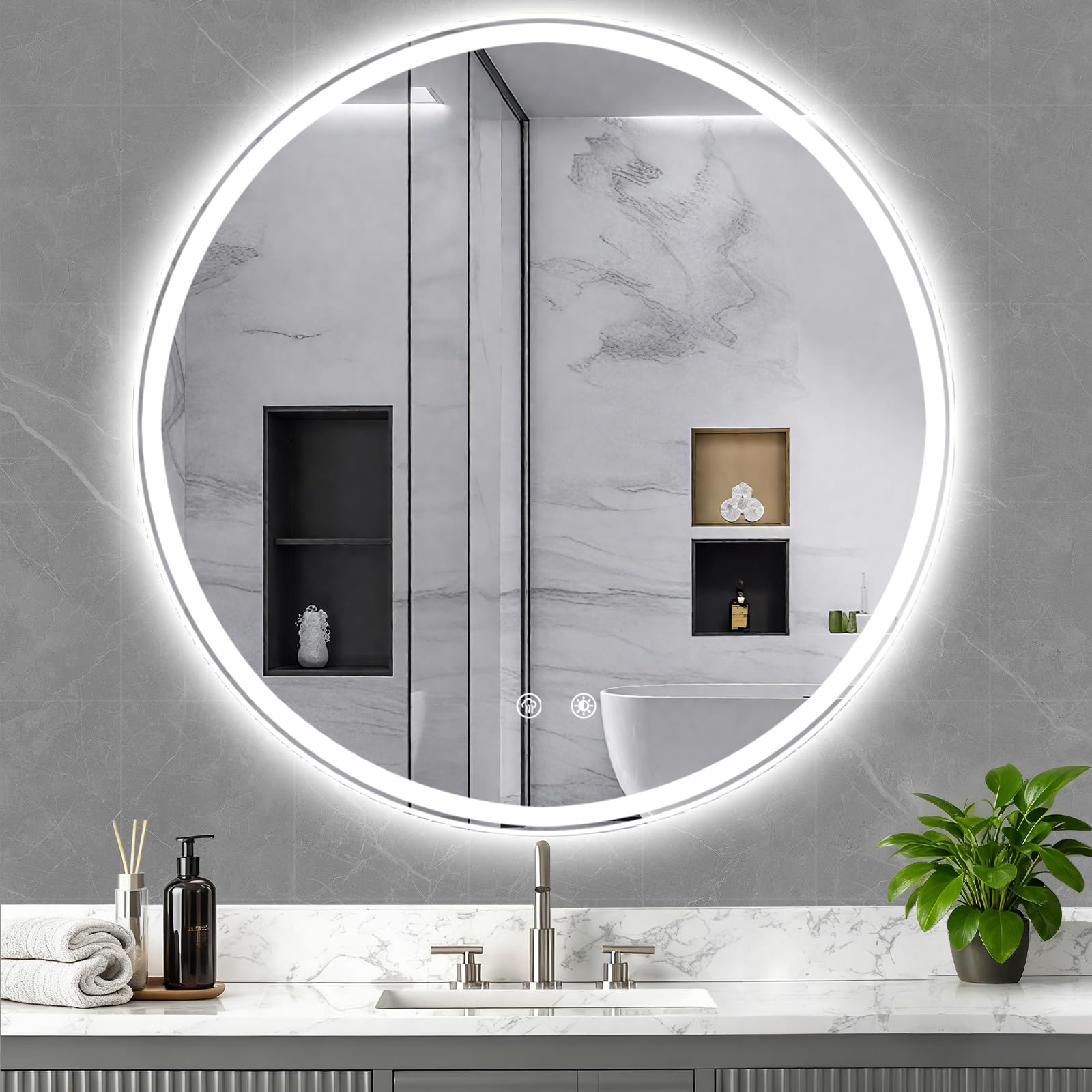 Lukvuzo -  28 Inch LED Bathroom Mirror Round Vanity Mirror with Lights Dimmable Three Color Chang...