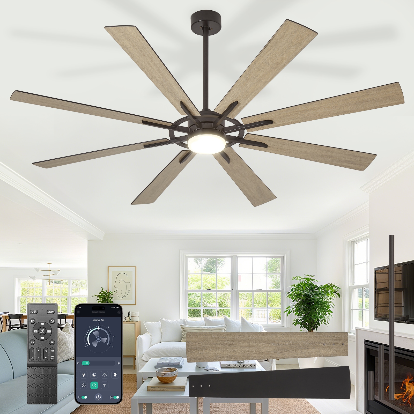 Depuley 190C 66-in black with wood grain and black Blades LED Fandelier Ceiling Fan With Light and Remote Control Included 8 -Blade