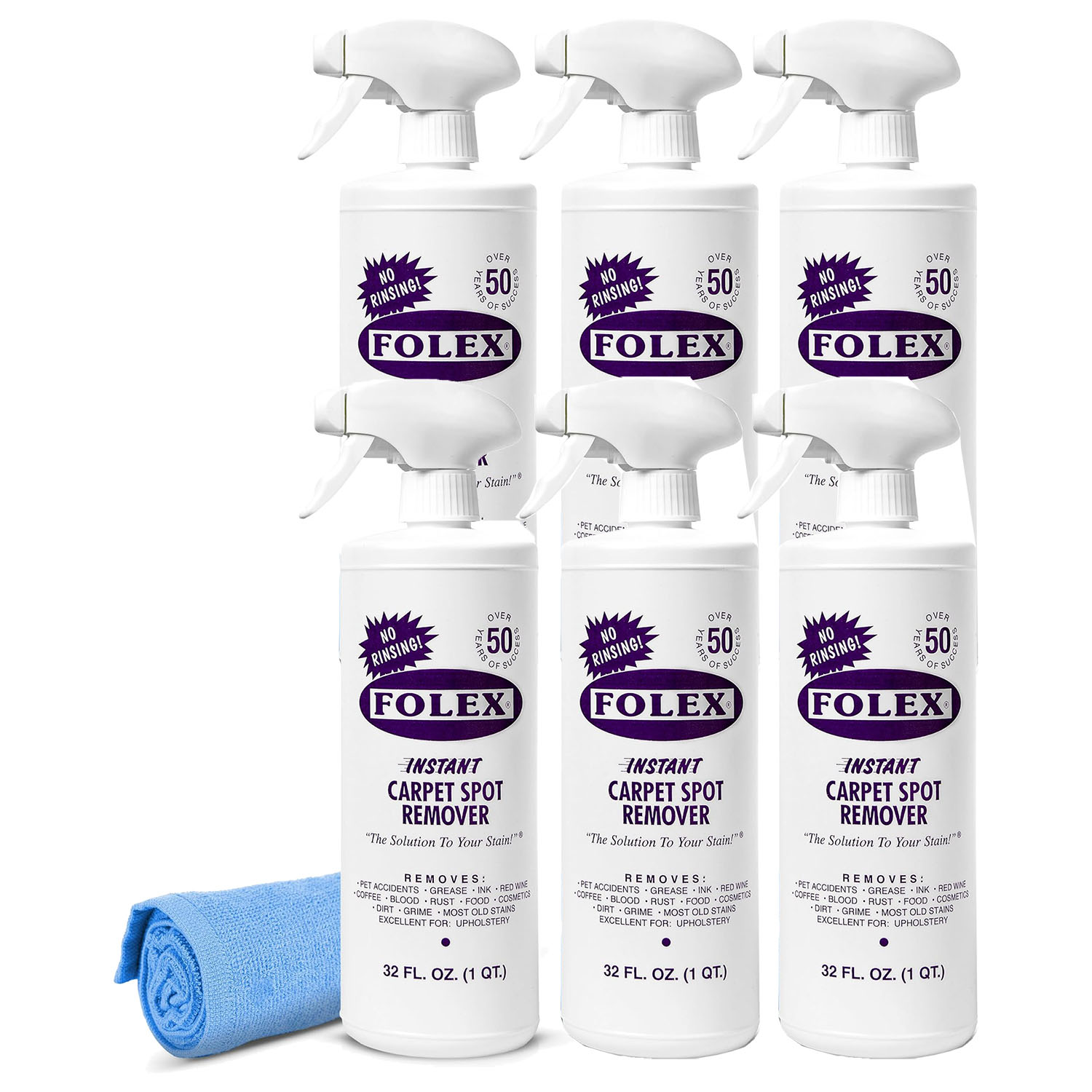 FOLEX  Instant Carpet Spot Remover 32oz Powerful Stain Remover for Carpets Upholstery and Rugs Eliminates Pet Stains Grease Red Wine Food Makeup and More - With Reusable Cleaning Cloth - 6 Pack