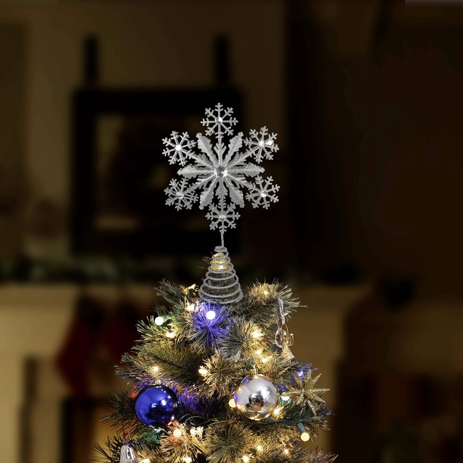 Silver Glitter Snowflake Metal Tree Topper with Gems