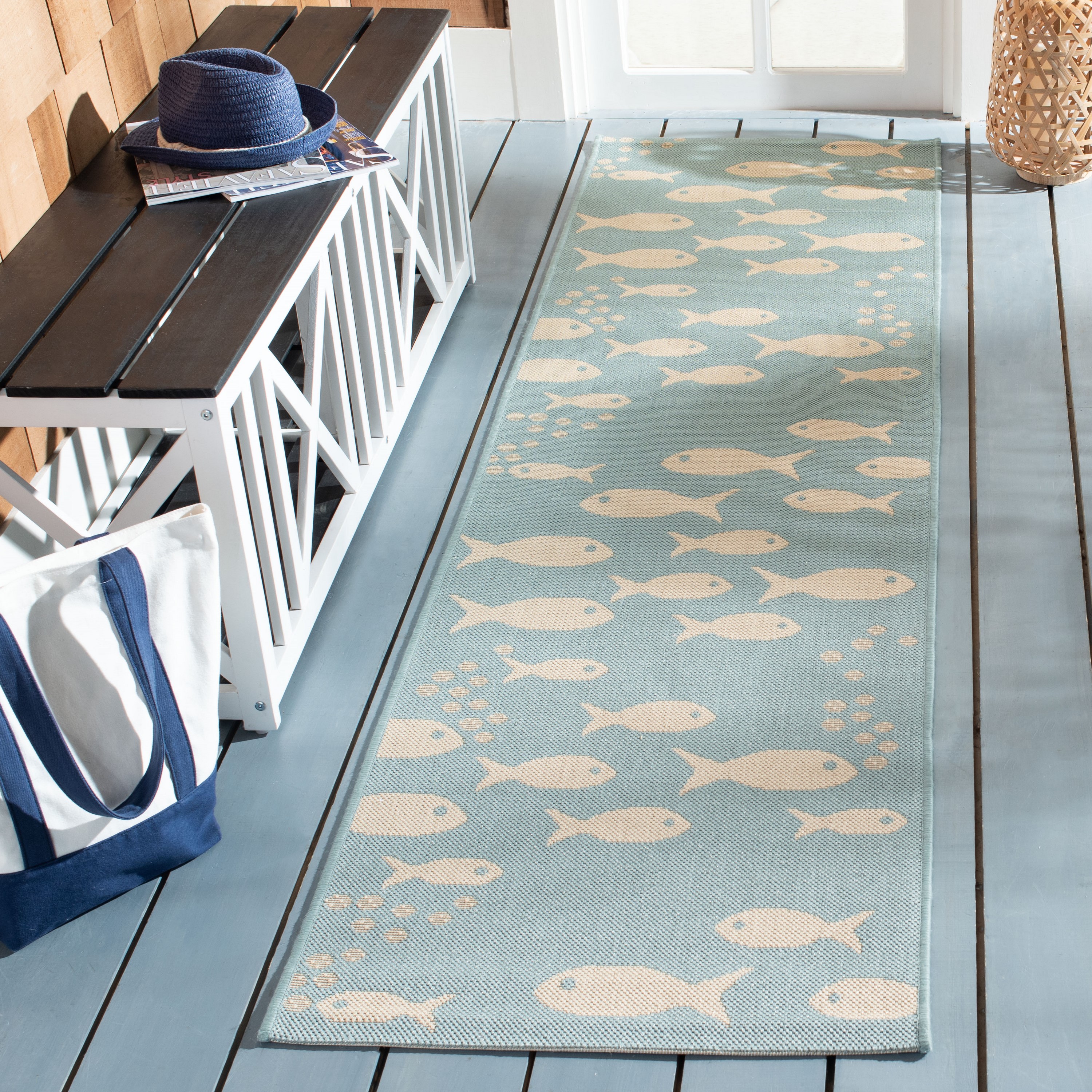 Safavieh CY6012-223-210 Courtyard Nimes 2 x 10 (ft) Loomed Polypropylene Aqua/Beige Rectangular Indoor/Outdoor Animal print Runner rug