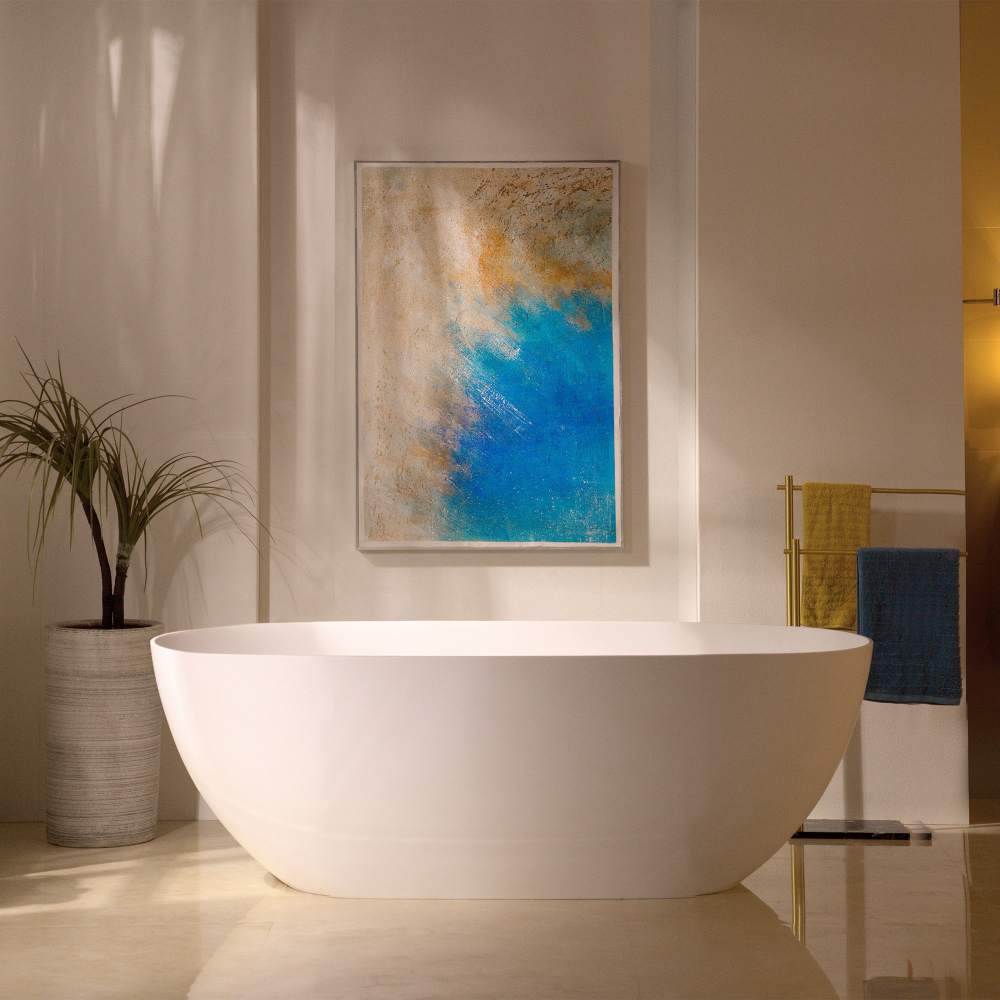 Woodbridge LB388 Salem 30.75-in x 61.25-in Matte White with Matte White Trim Solid surface Oval Freestanding Soaking bathtub with Drain ( Center Drain )