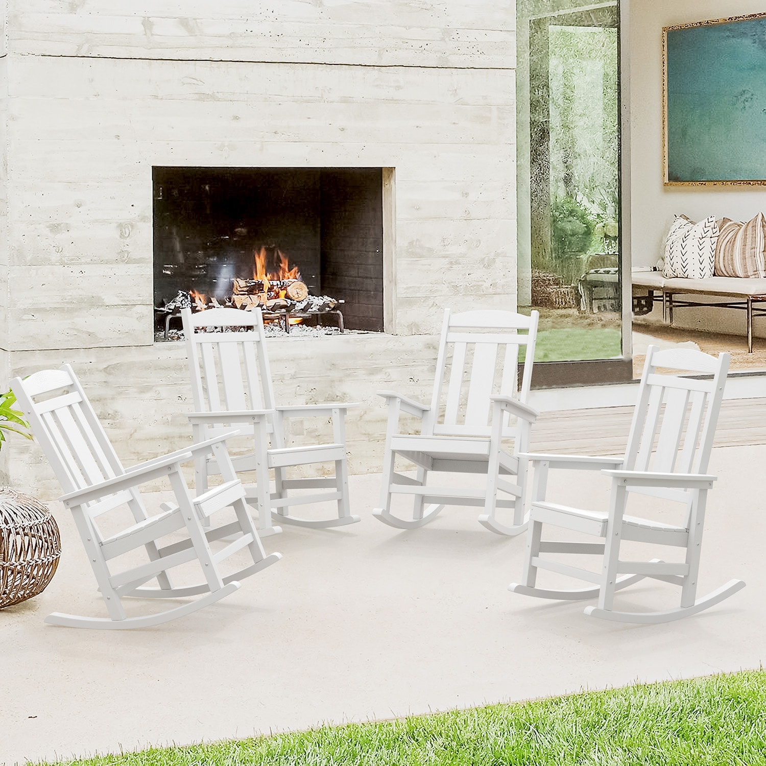 LUE BONA 4LB22PC0004-200LS The Adirondack Set of 4 White Plastic Frame Stationary Rocking Chair with Slat Seat
