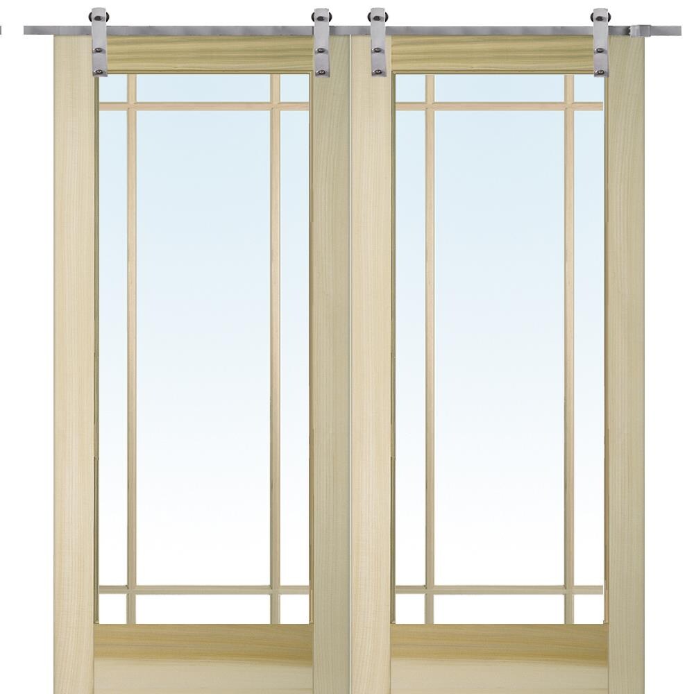 MMI DOOR ZL09649 72-in x 80-in Unfinished Poplar Clear Glass Solid Core Unfinished Poplar Veneer Double Barn Door (Hardware Included)