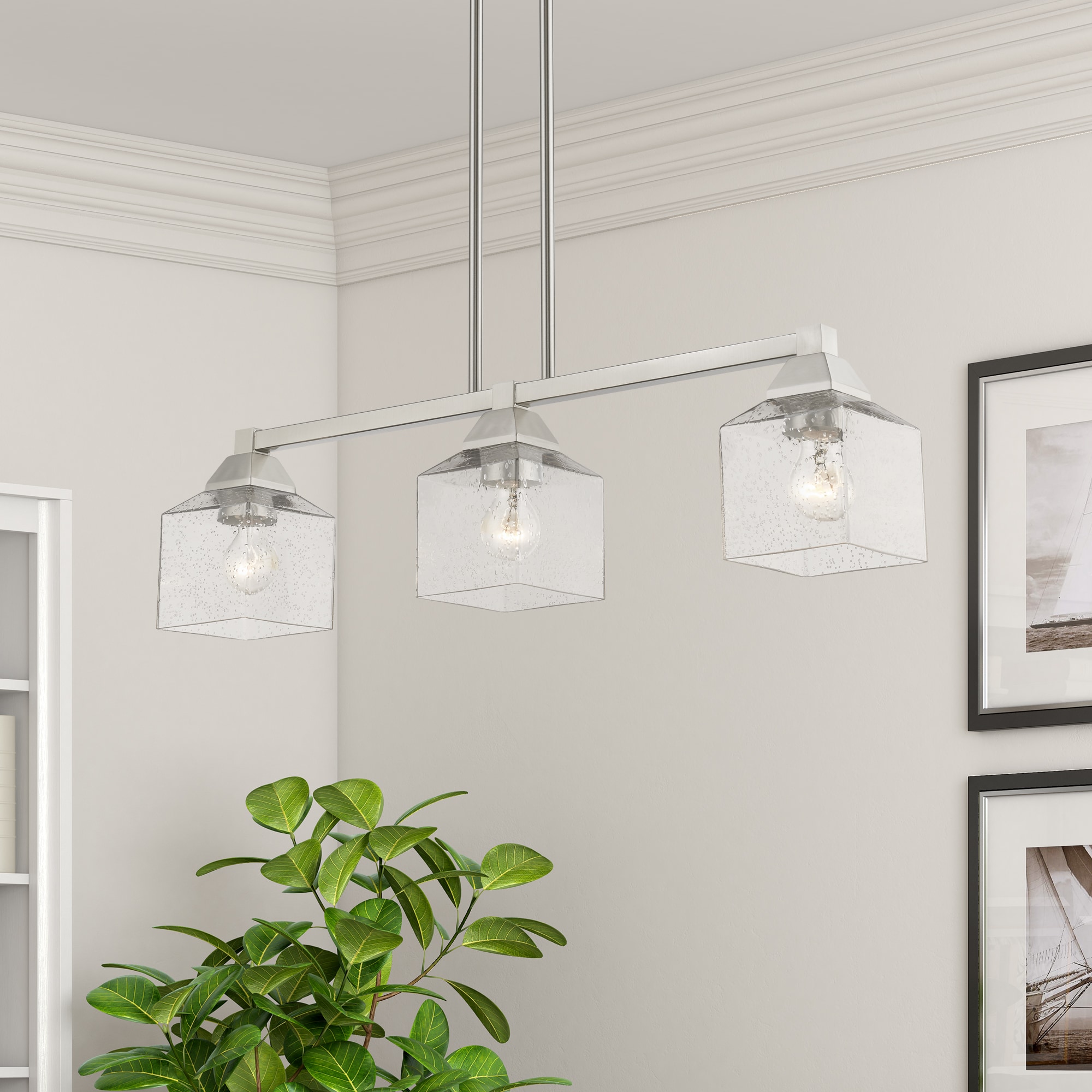 Aragon Brushed Nickel 3-Light Linear Chandelier with Clear Seeded Glass