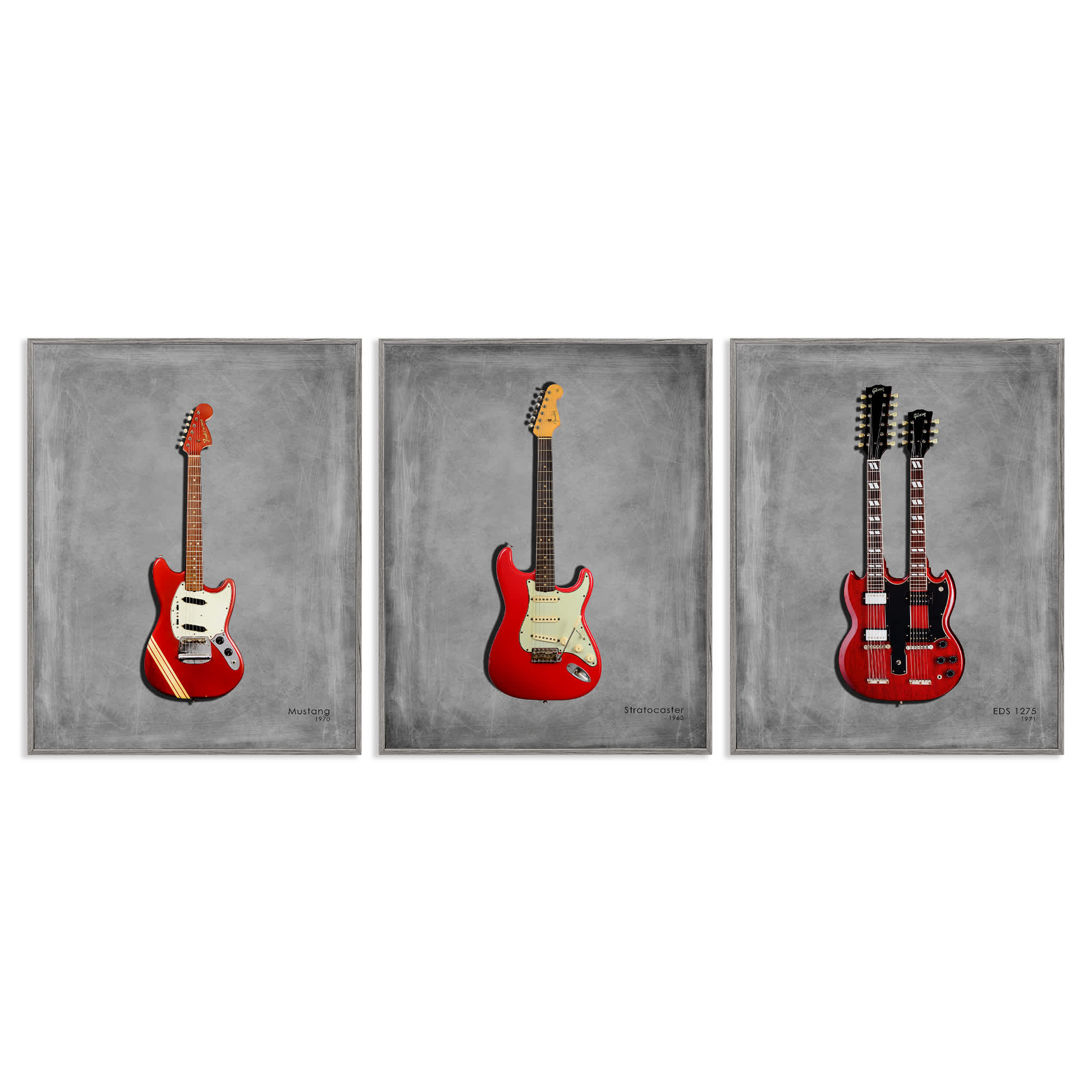 Stupell Industries A3-456-GFF-3PC-11X14 Red Guitars Collection 3 Piece Gray Framed Giclee Art Set By Mark Rogan 11 x 14