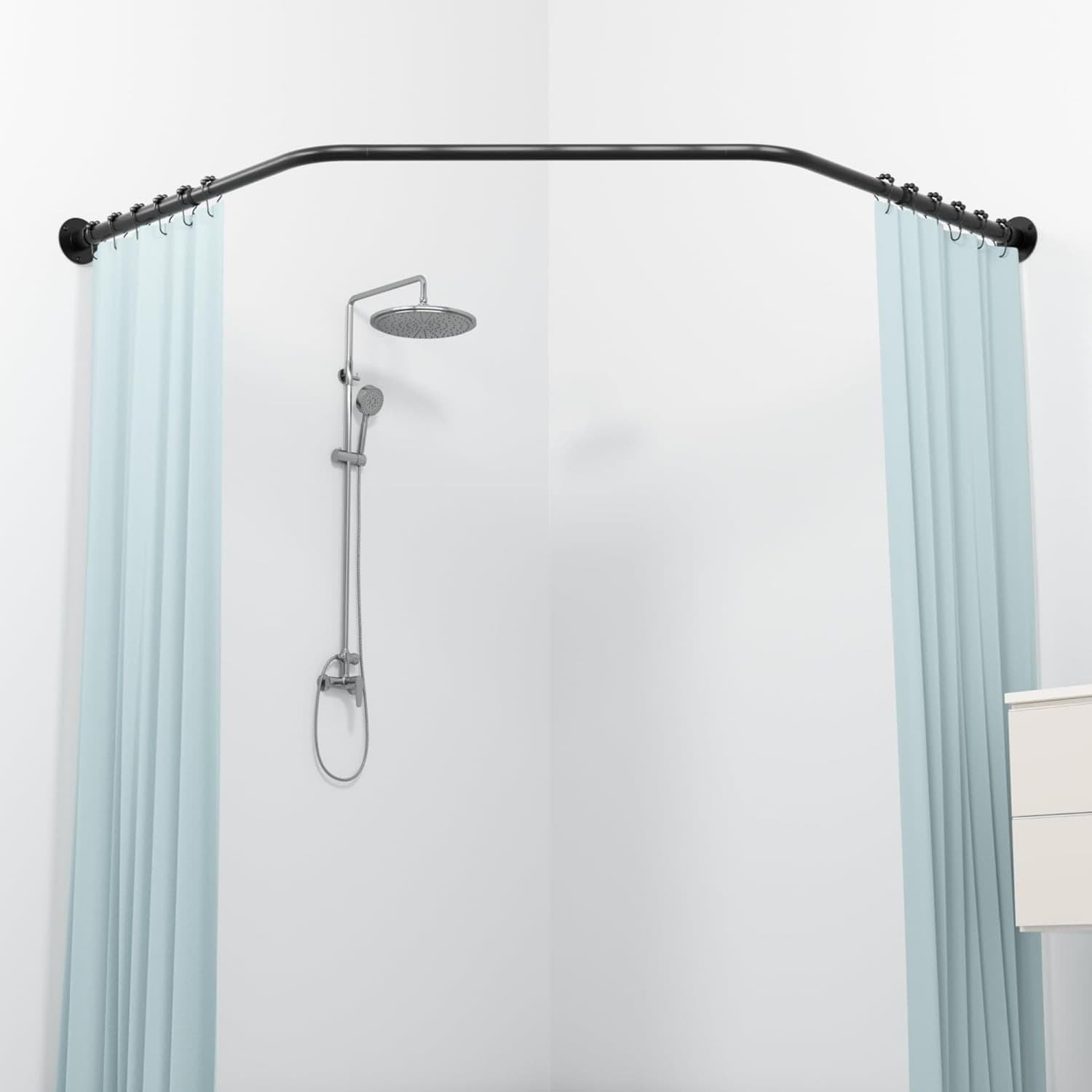 Angel Sar - Black Corner Shower Curtain Rod with 12 hooks for Bathroom Bathtub