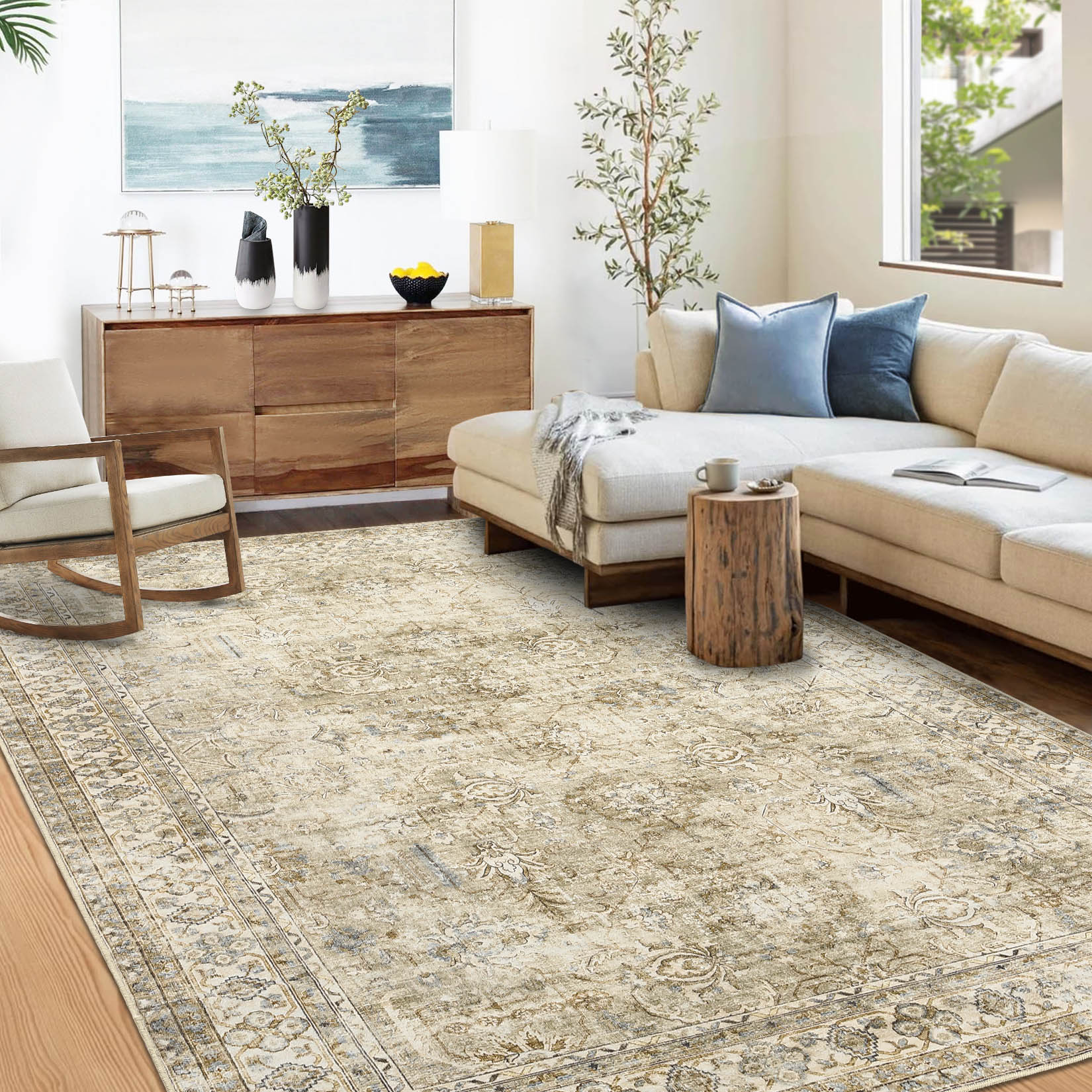Garvee YXY-LO-PHO-0ZTAV9SP 8 x 10 (ft) Loomed Polyester Brown Rectangular Indoor Floral/Botanical Persian Machine washable Area rug