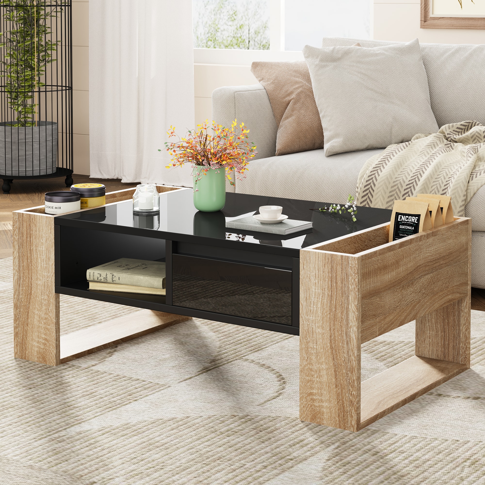 ModernLuxe N721P205792B High Glossy Coffee Table with 2 Drawers Practical Two Tone Center Table with Hidden Compartments Rectangle Cocktail Table with Open Storage Shelf for Living Room Bedroom Black
