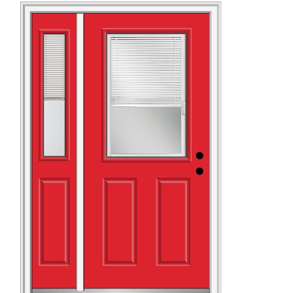MMI DOOR ZZ362132L 48-in x 80-in Fiberglass Half Lite Left-Hand Inswing Red Saffron Painted Prehung Front Door with Left Sidelight with Brickmould Insulating Core with Blinds