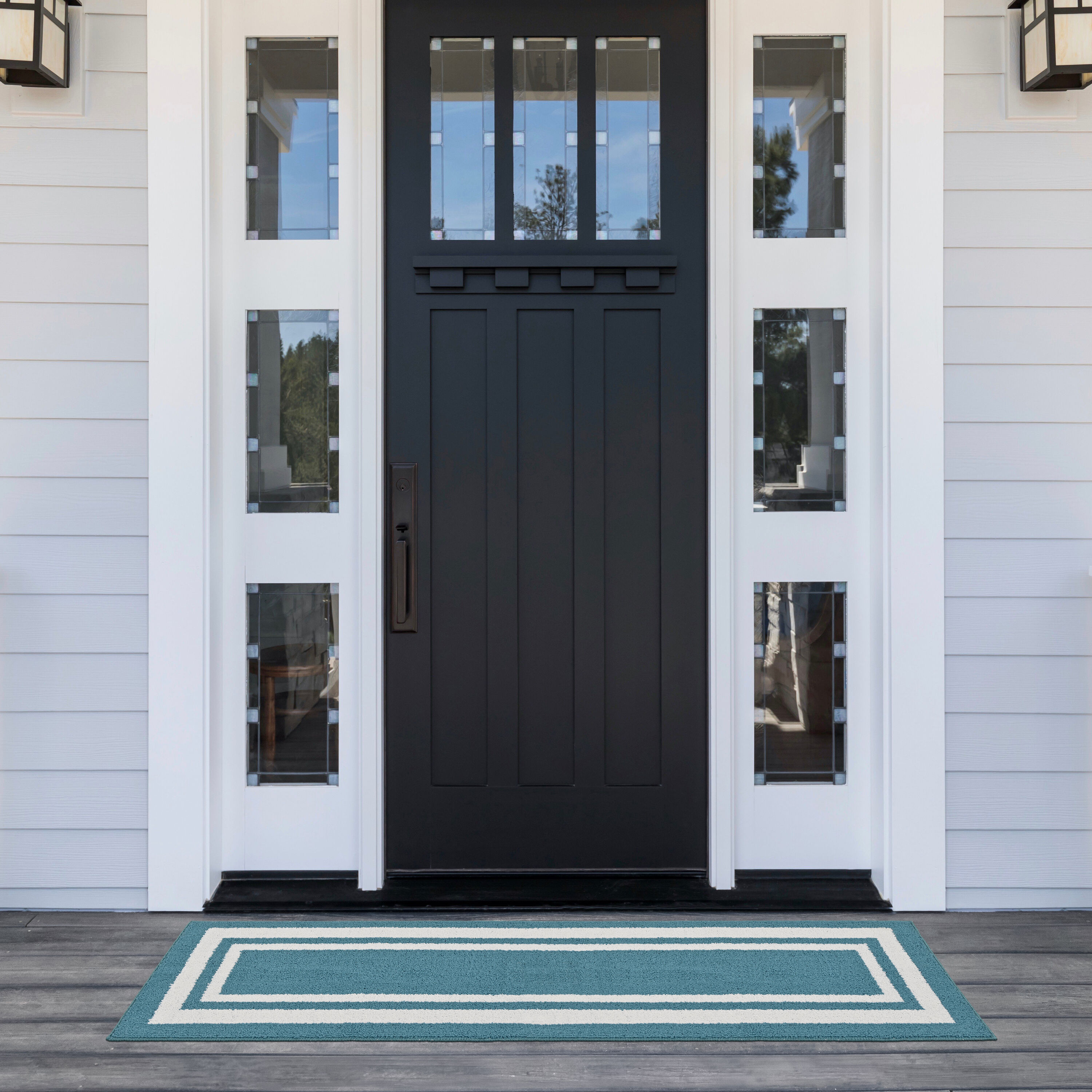 Garland Rug LF050M024060A6 Borderline 2 x 5 (ft) Tufted Polypropylene Teal/White Rectangular Indoor/Outdoor Border Lodge Area rug