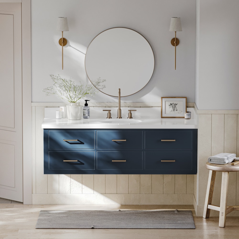 ARIEL W061SWQOVOMNB Hutton 61-in Midnight Blue Undermount Single Sink Floating Bathroom Vanity with White Quartz Top