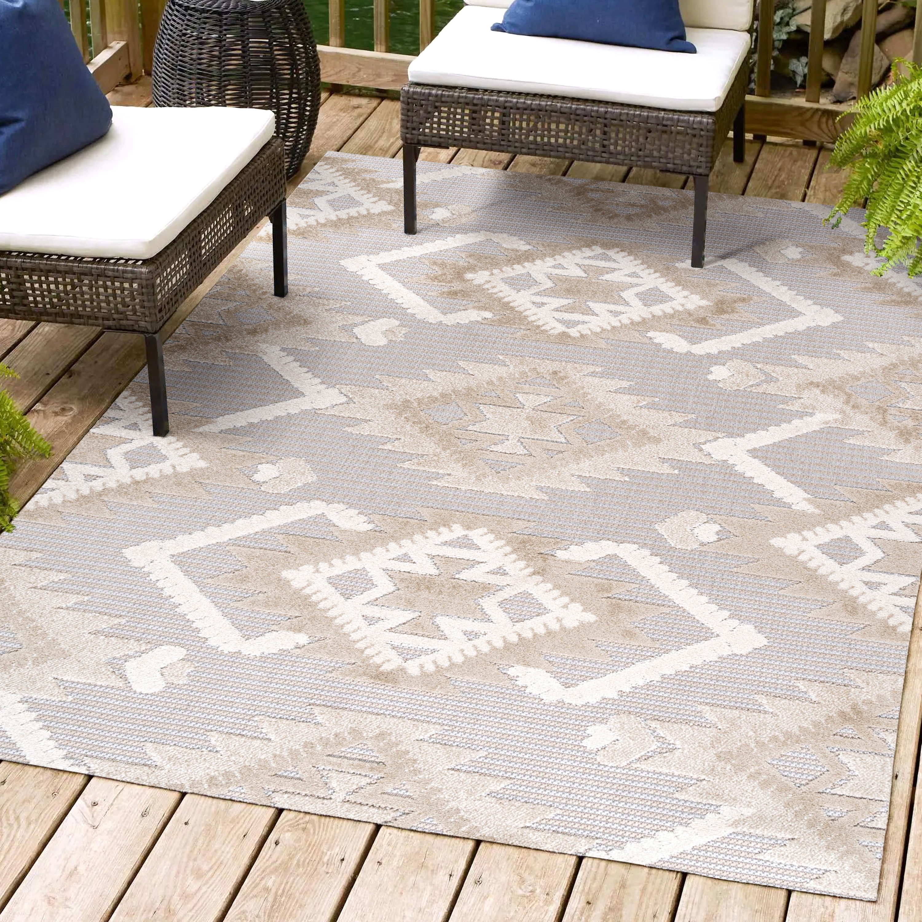 JONATHAN  Y SBH107A-8 South Beach Sumak High-Low Neutral Diamond Kilim 8 x 10 (ft) Loomed Polypropylene Beige/Gray Rectangular Indoor/Outdoor Geometric Bohemian/Eclectic Area rug