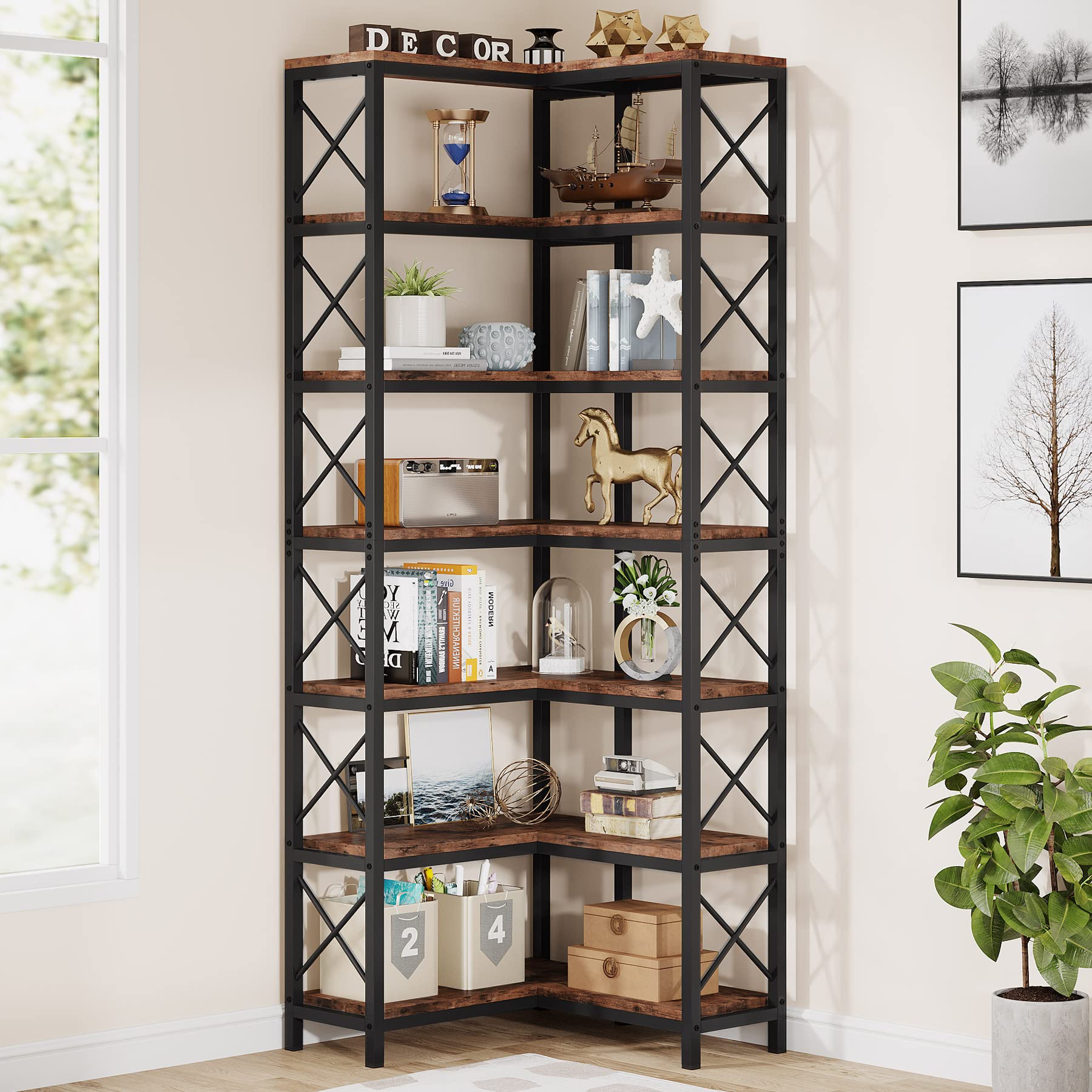 Tribesigns HOGA-J0063 Color Brown and black Metal 7 -Shelf Bookcase ( 23.62-in W x 78.74-in H x 23.62-in D ) Finished