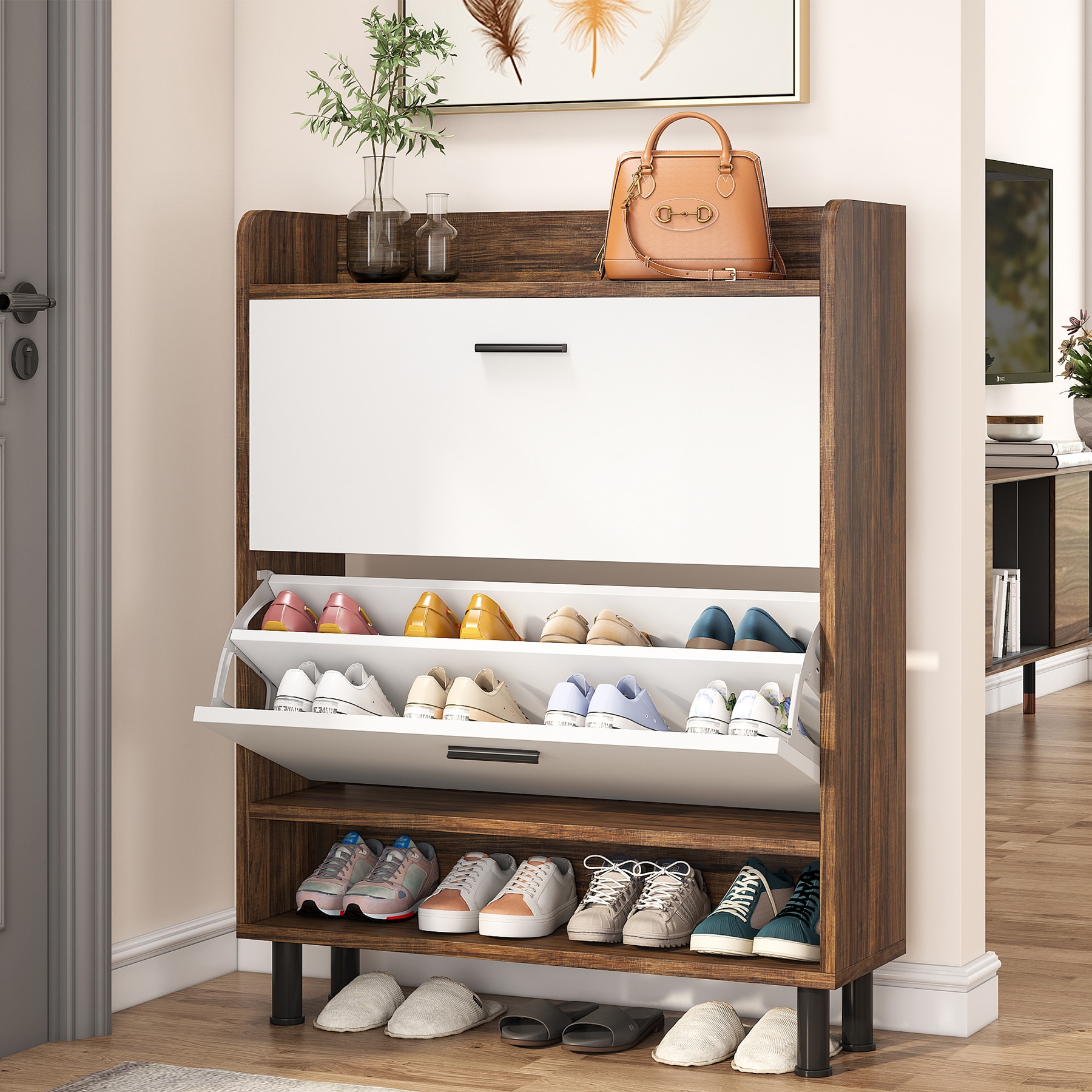 Tribesigns Entryway Shoe Cabinet with Doors and Light, Modern Entryway Shoe  Organizer Storage Rack with 5-Tier Adjustable Shelves for Narrow Closet,  Entryway, Living Room (White & Gold) 