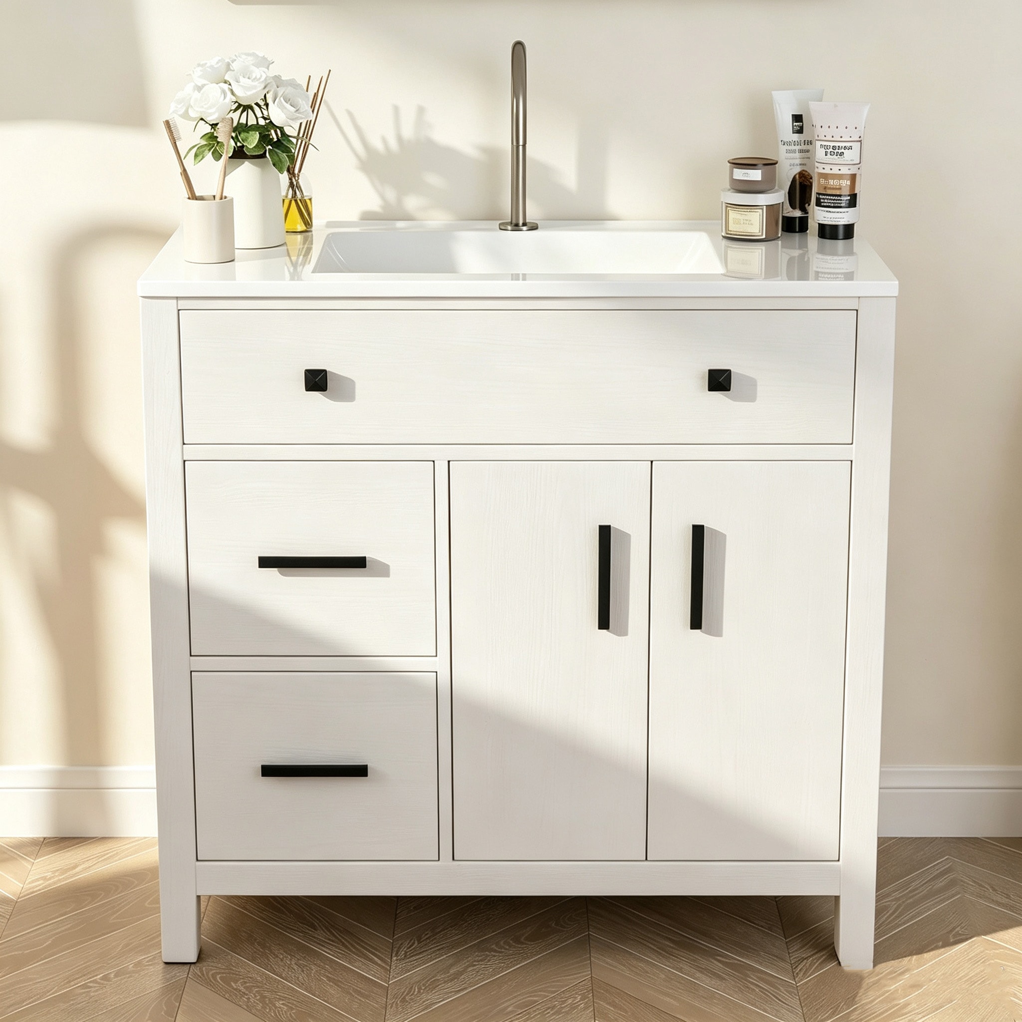 JEAREY - 36-in White Single Sink Bathroom Vanity with White Polymarble Top