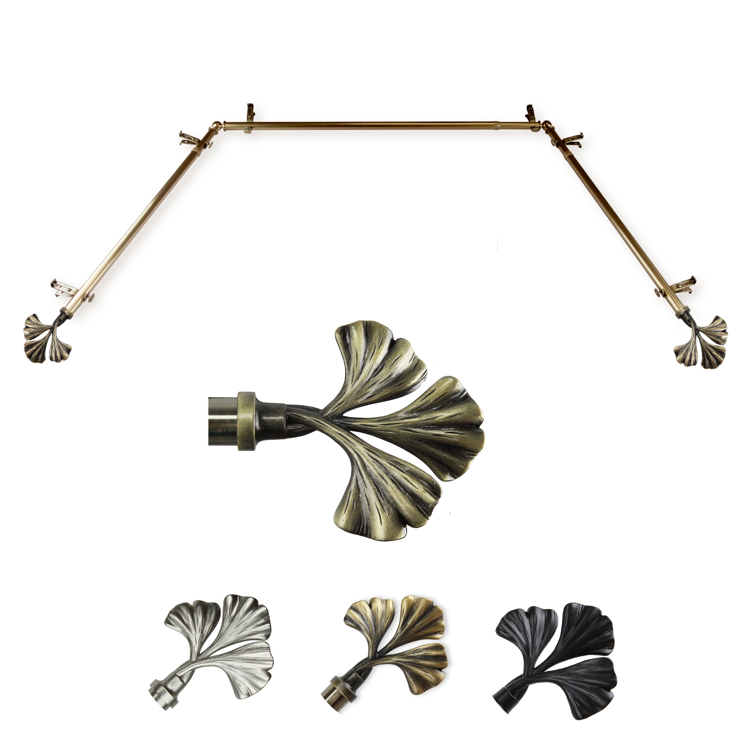 Hart & Harlow LO-ABAY-72-4 72-in to 144-in Antique Brass Steel Bay window curtain rod with Finials
