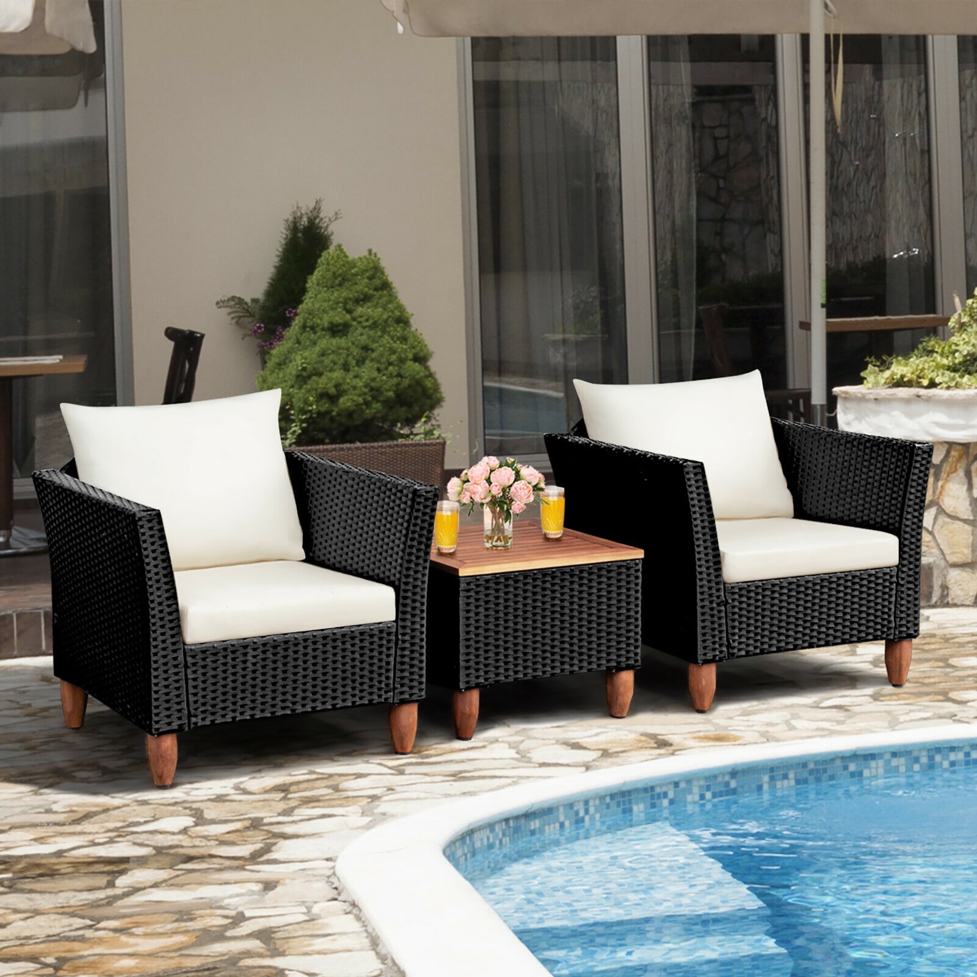 Forclover HYFL-32WH 3 -Piece Rattan Patio Conversation Set with White Cushions