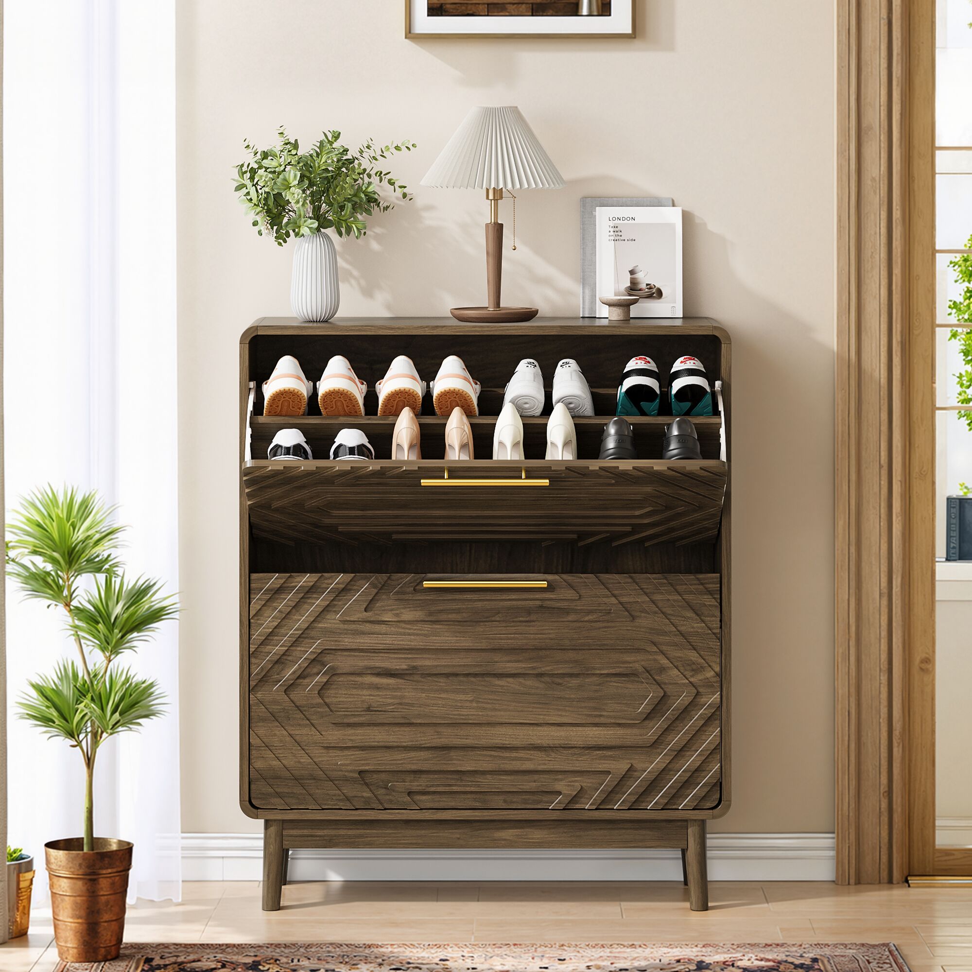 LOVMOR 31.5Inch Walnut Shoe Cabinet Mid Century Modern Freestanding Shoe Cabinet Freestanding Organizer with 2 Flip Top Drawers Suitable for Entry Hallway and Foyer