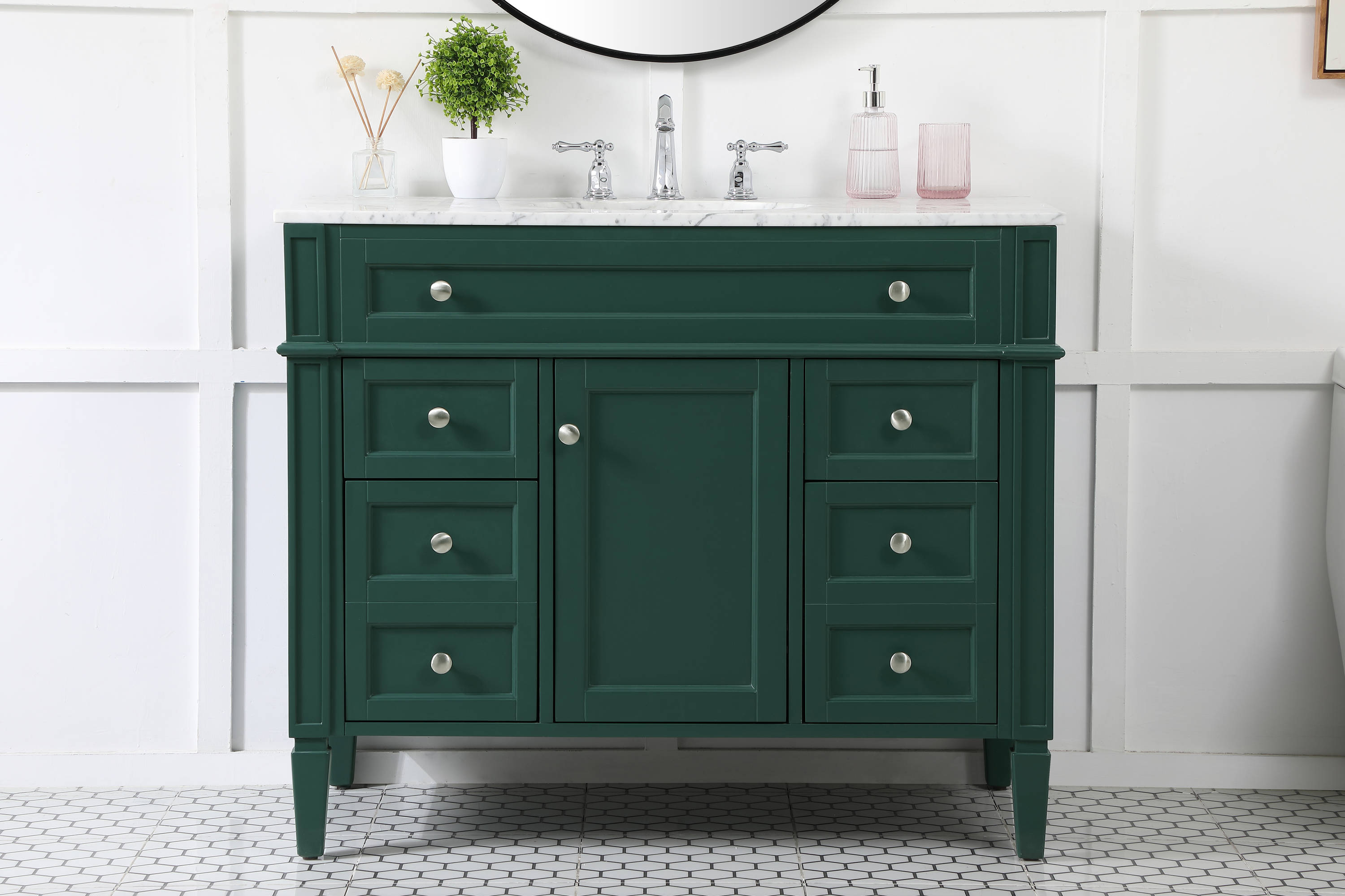 Green Solid Wood and Marble Single Bathroom Vanity