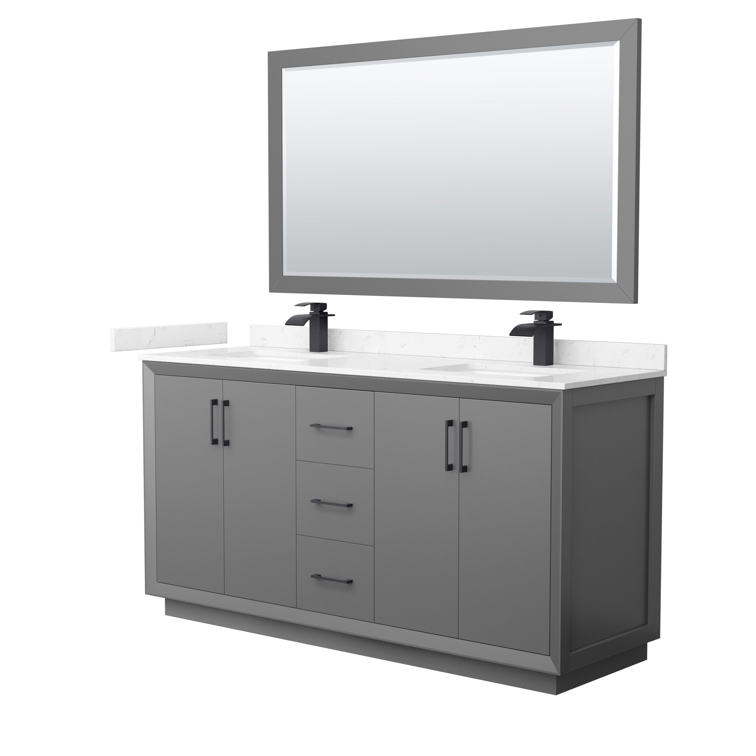 Wyndham Collection WCF414166DGBC2UNSM58 Strada 66-in Dark Gray with Matte Black Trim Undermount Double sink Bathroom Vanity with Carrara cultured marble Cultured marble Top (Mirror Included)
