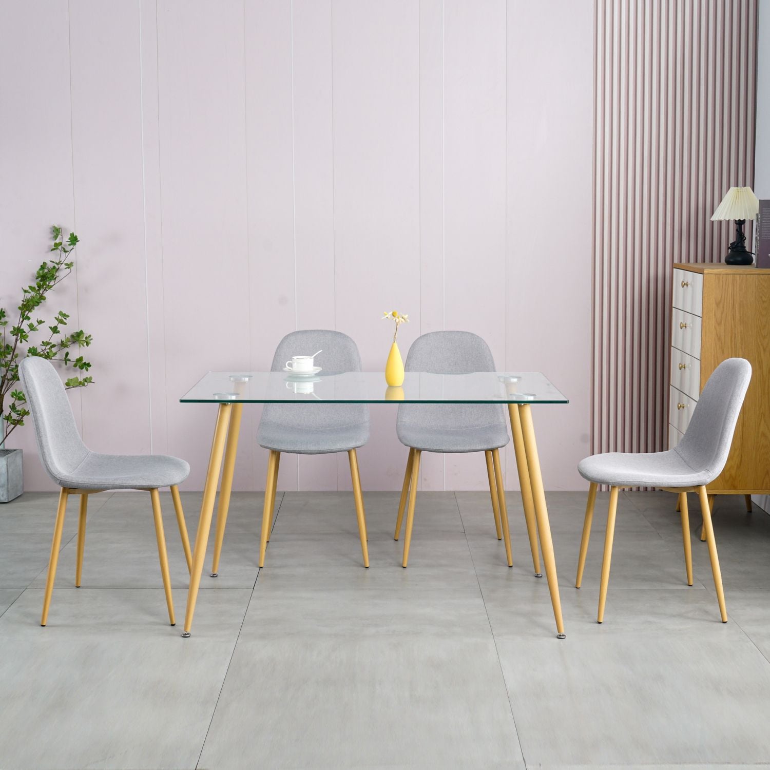 JASMODER W210S00006 Dining Table Set Modern 5 Pieces Dining Room Set Mid Century Tempered Glass Kitchen Table And 4 Deep Grey Modern Fabric Chairs With Wood-Transfer Metal Legs