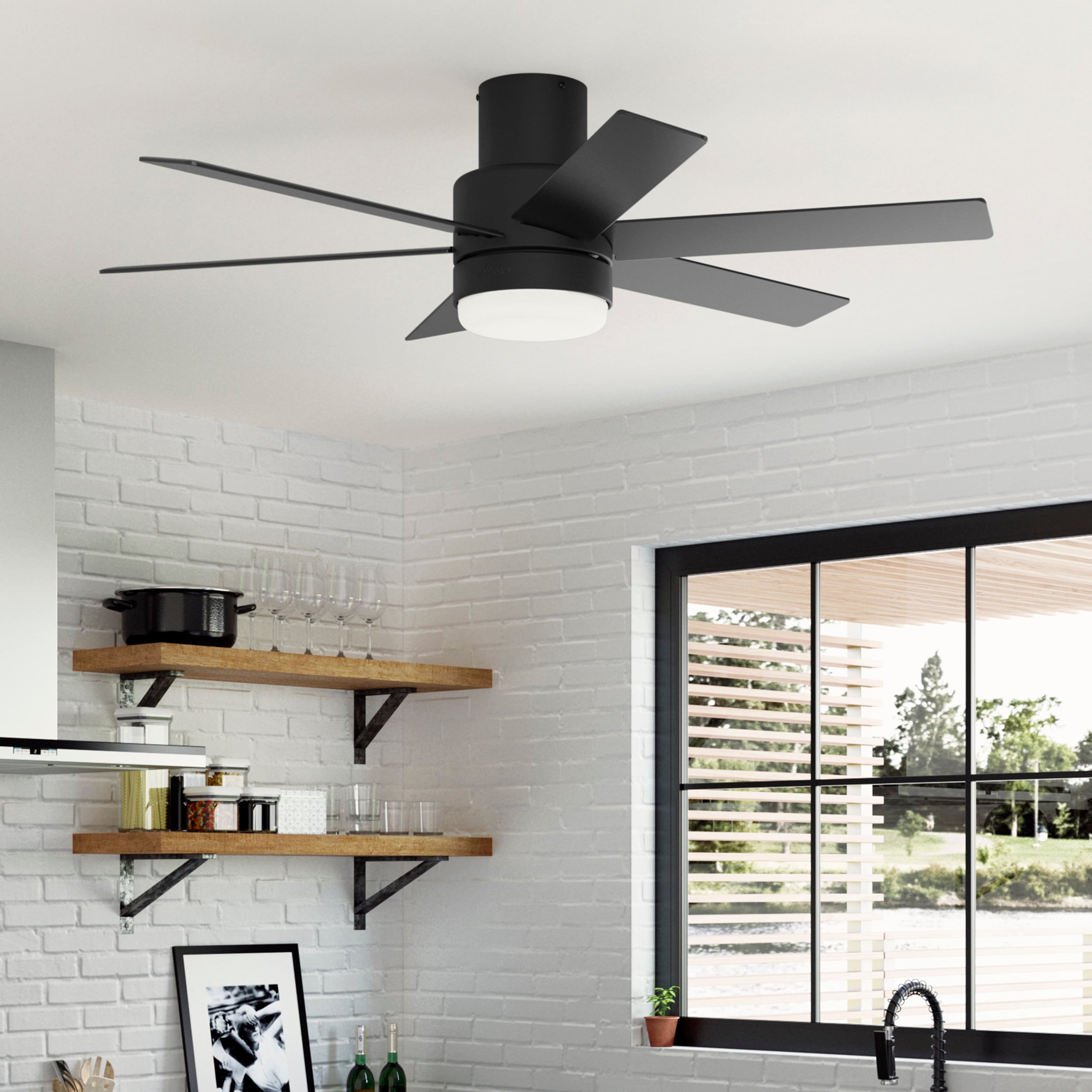 Hunter 51275 Marshal 52-in Matte Black Indoor Flush Mount Ceiling Fan with Light and Remote (6-Blade)