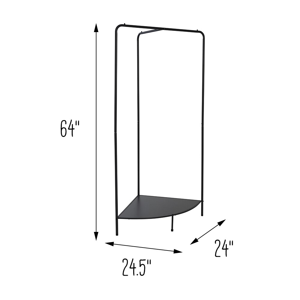 Black Steel Freestanding Corner Clothing Rack with Dark Gray Wood Shelf