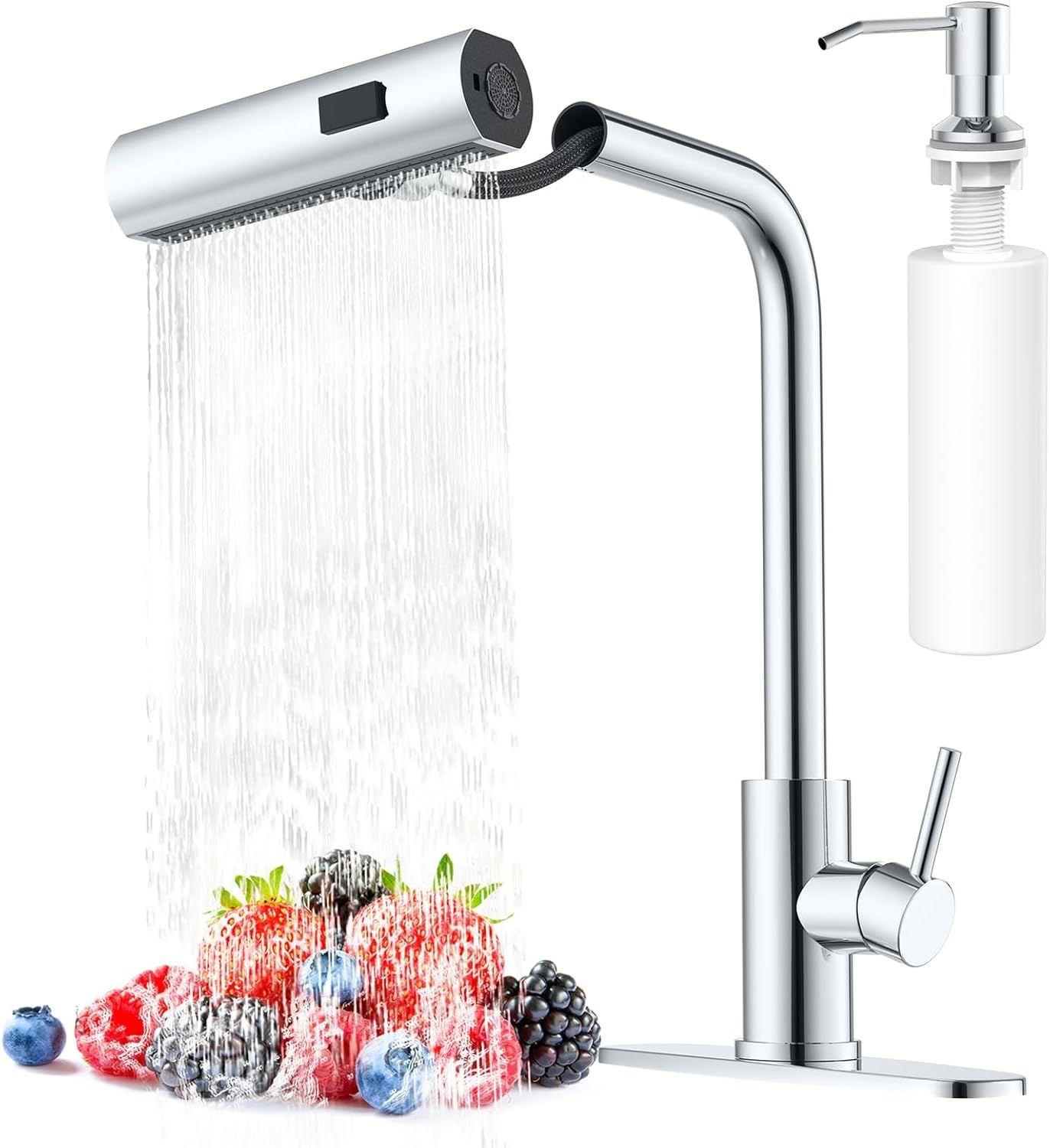 JUSHUA Waterfall Kitchen Faucets with Pull Down Sprayer and Soap Dispenser in Chrome Single Hole Single Handle Pull Out Tap Stainless Steel Sink Faucet Suitable for Farmhouse Camper Laundry Rv Bar