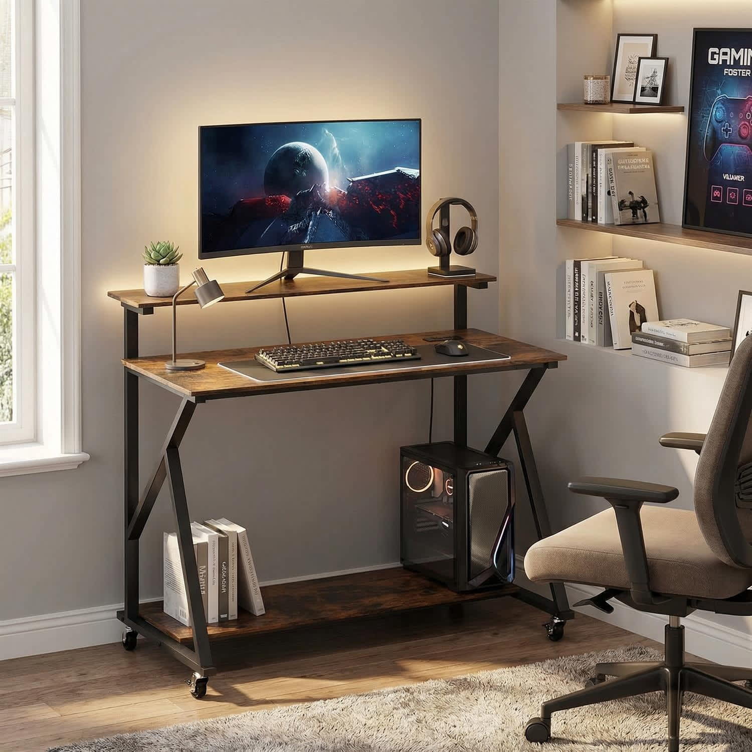 VERYKE Rolling Mobile Computer Desk Built In Charging Station Monitor ...