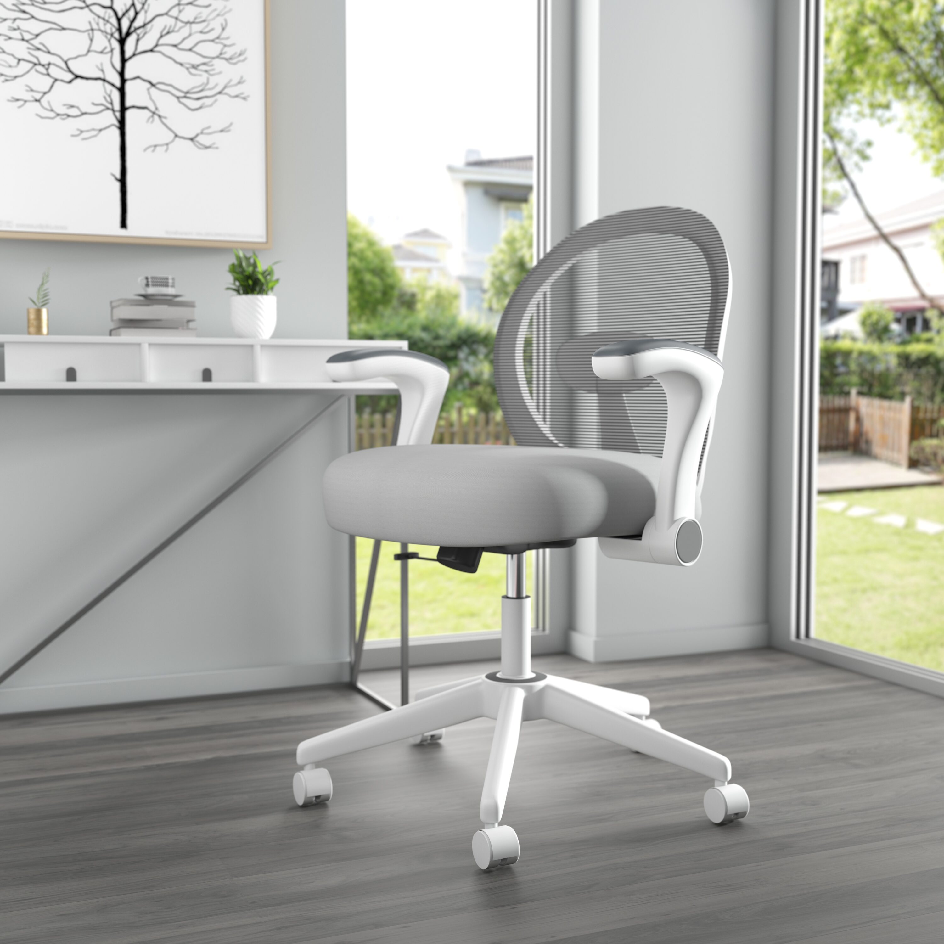 Grey Mesh and Fabric Task Chair with Adjustable Arms