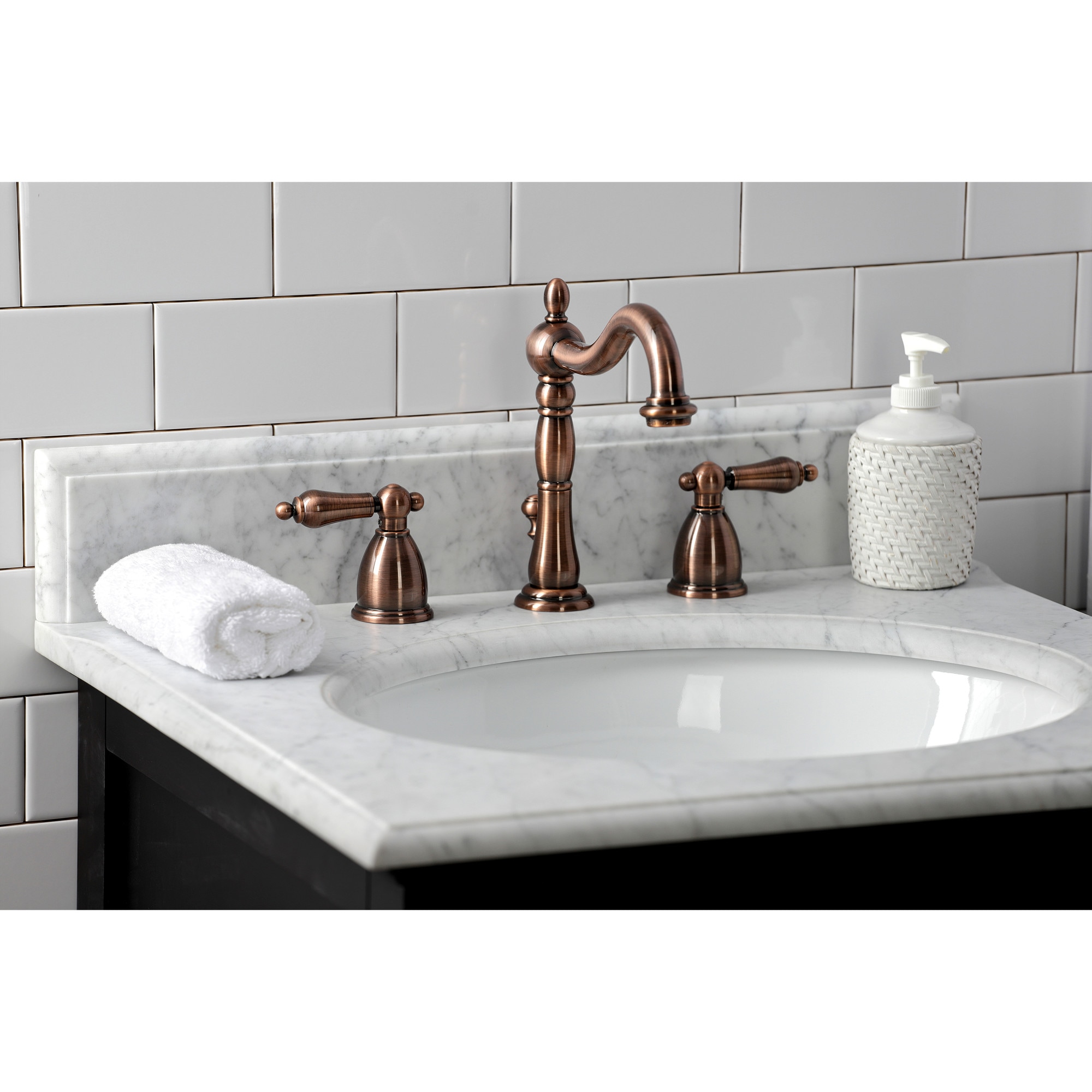 Kingston Brass WLKB197ALAC Heritage Antique copper Widespread 2-handle High-arc Residential Handle Bathroom Sink Faucet with Drain