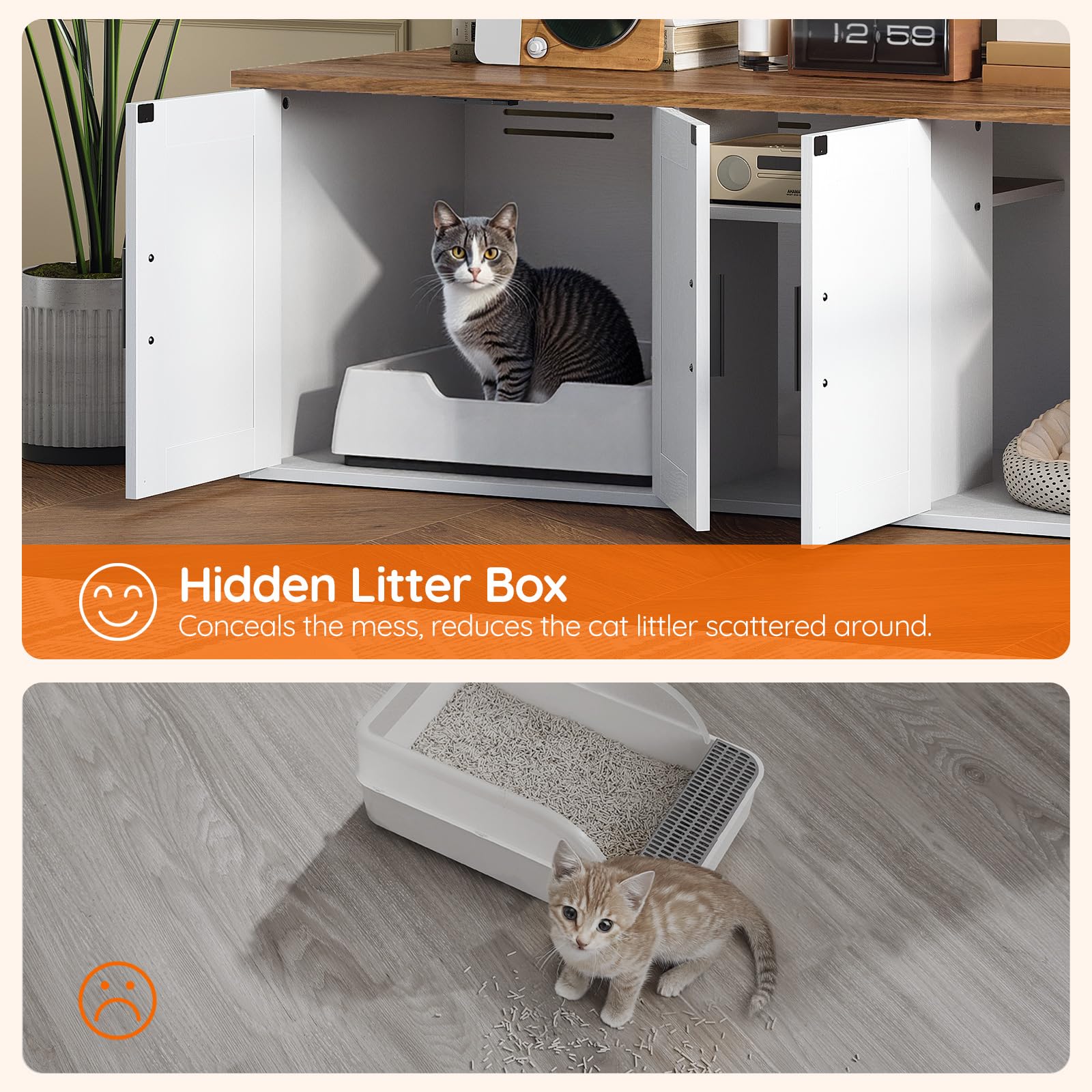 Slickblue Wooden Dual Cat Litter Box Cabinet with Top Shelf Storage and ...