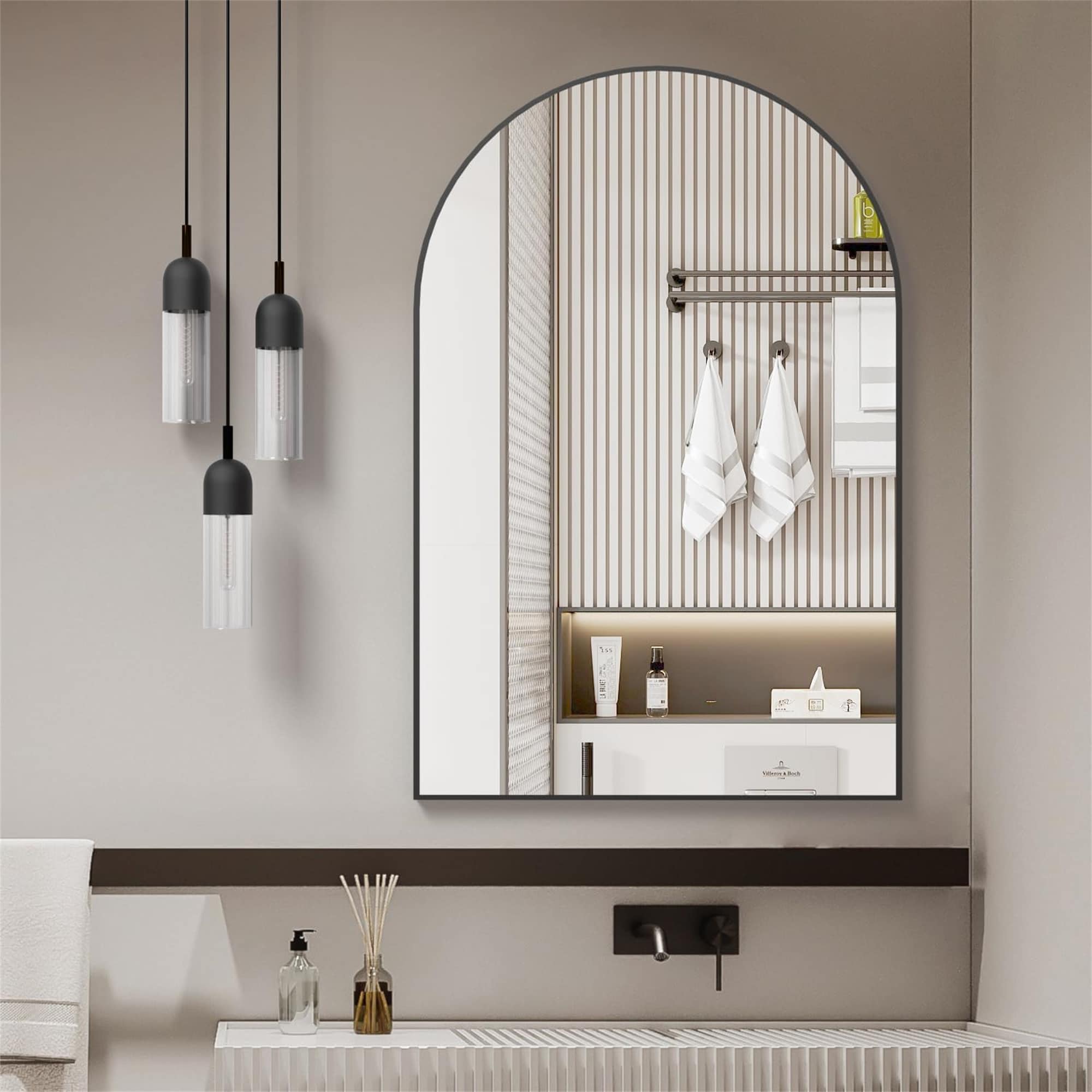 BABOOM BOM-67282BK-CO Metal Framed Arched Bathrrom Mirror 24-in x 32-in Framed Arch Bathroom Vanity Mirror ( Black )