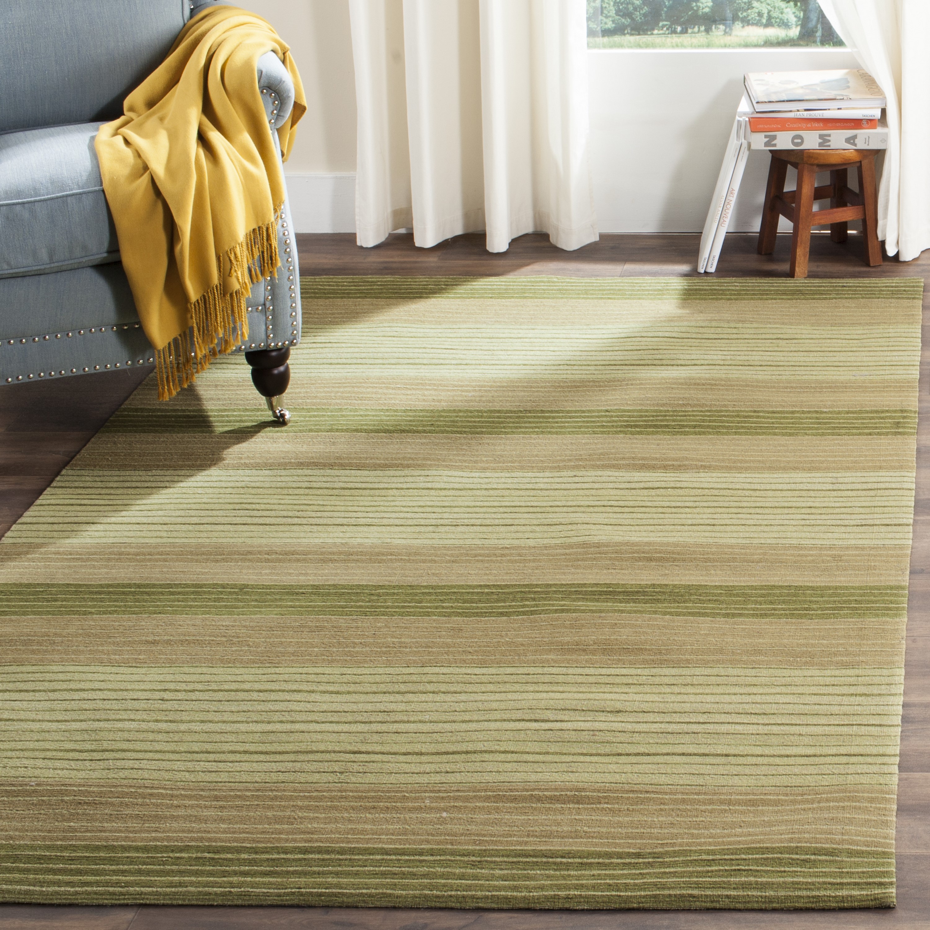 Green Flat Woven Wool 4' x 6' Handmade Reversible Rug