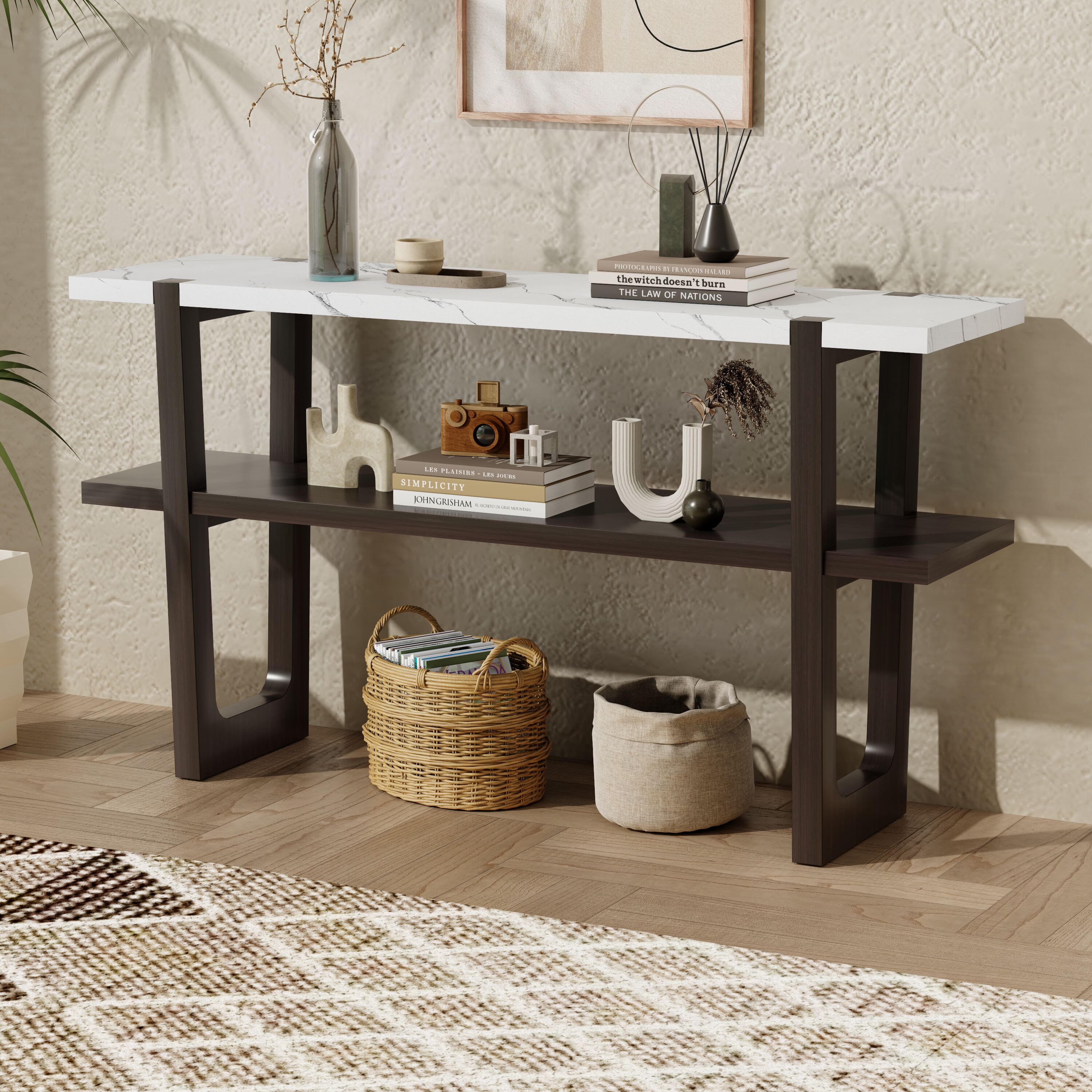ModernLuxe N715P196906B Narrow Console Table with MarbleEffect Top Retro Entryway Table with Open Shelf Sofa Table for Entryway Hallway and Living Room Espresso